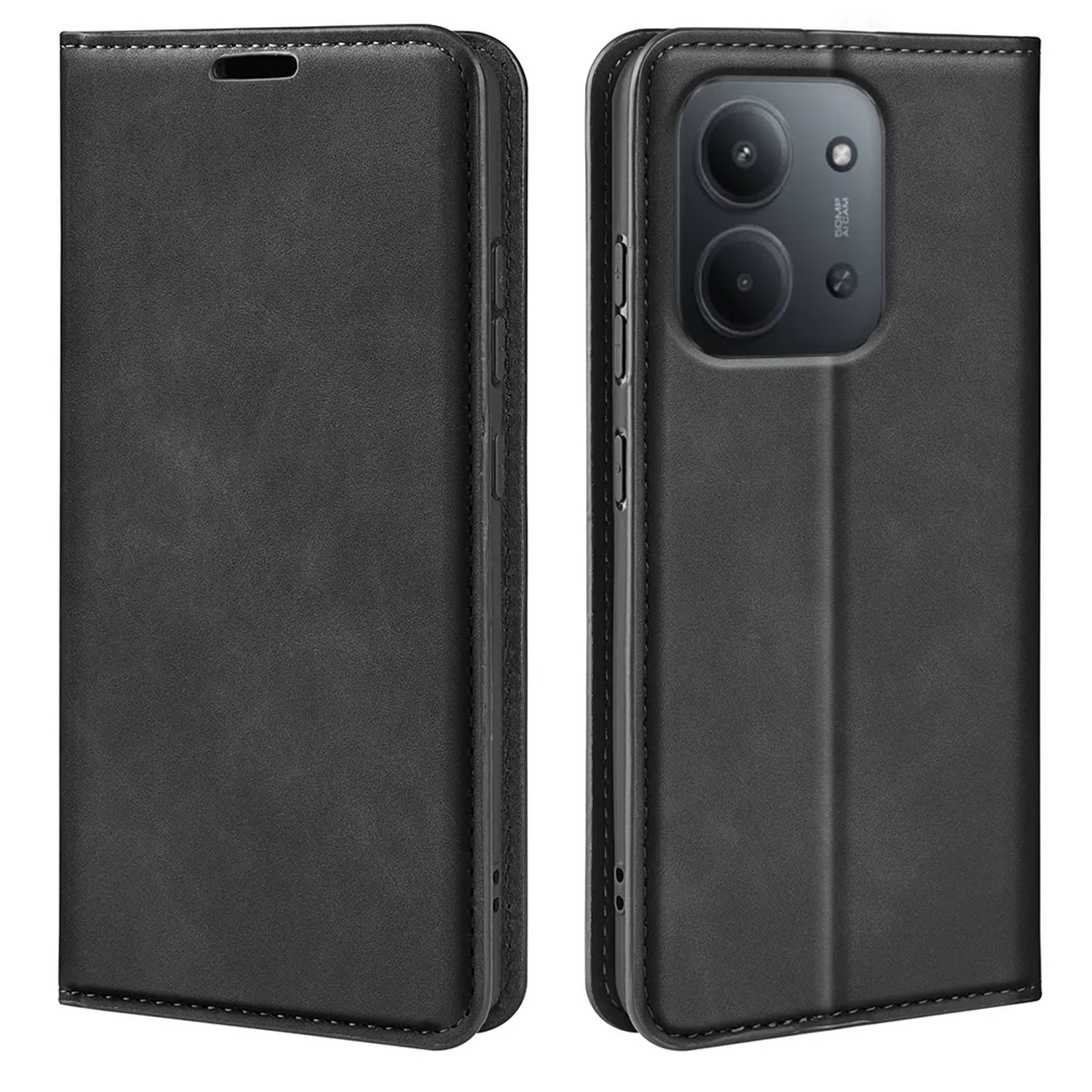 Zwarte leren telefoonhoes, open. Telefoon rechts zichtbaar. Hoes heeft dubbele camera's. Gesloten hoes links.