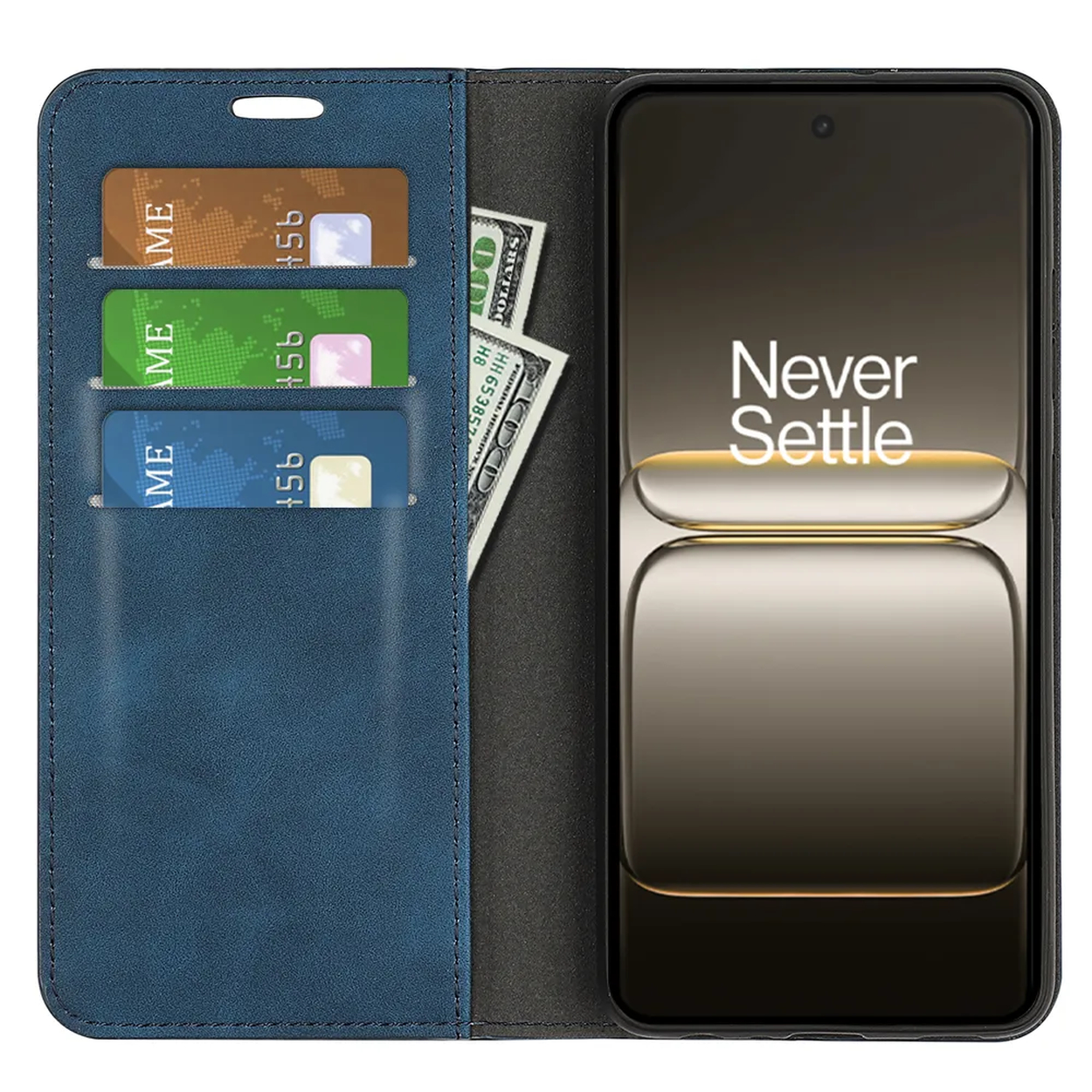 Un étui de téléphone bleu ouvert avec un téléphone, trois cartes de crédit et de l'argent à l'intérieur. Le téléphone affiche 'Never Settle'.