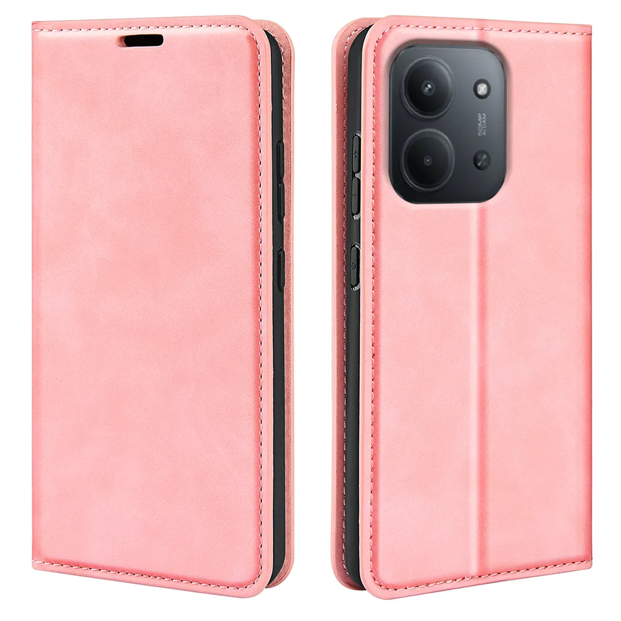Een roze telefoonhoesje, opengeklapt. De hoes heeft een glad oppervlak en een zwarte rand. De telefoon heeft twee camera's.
