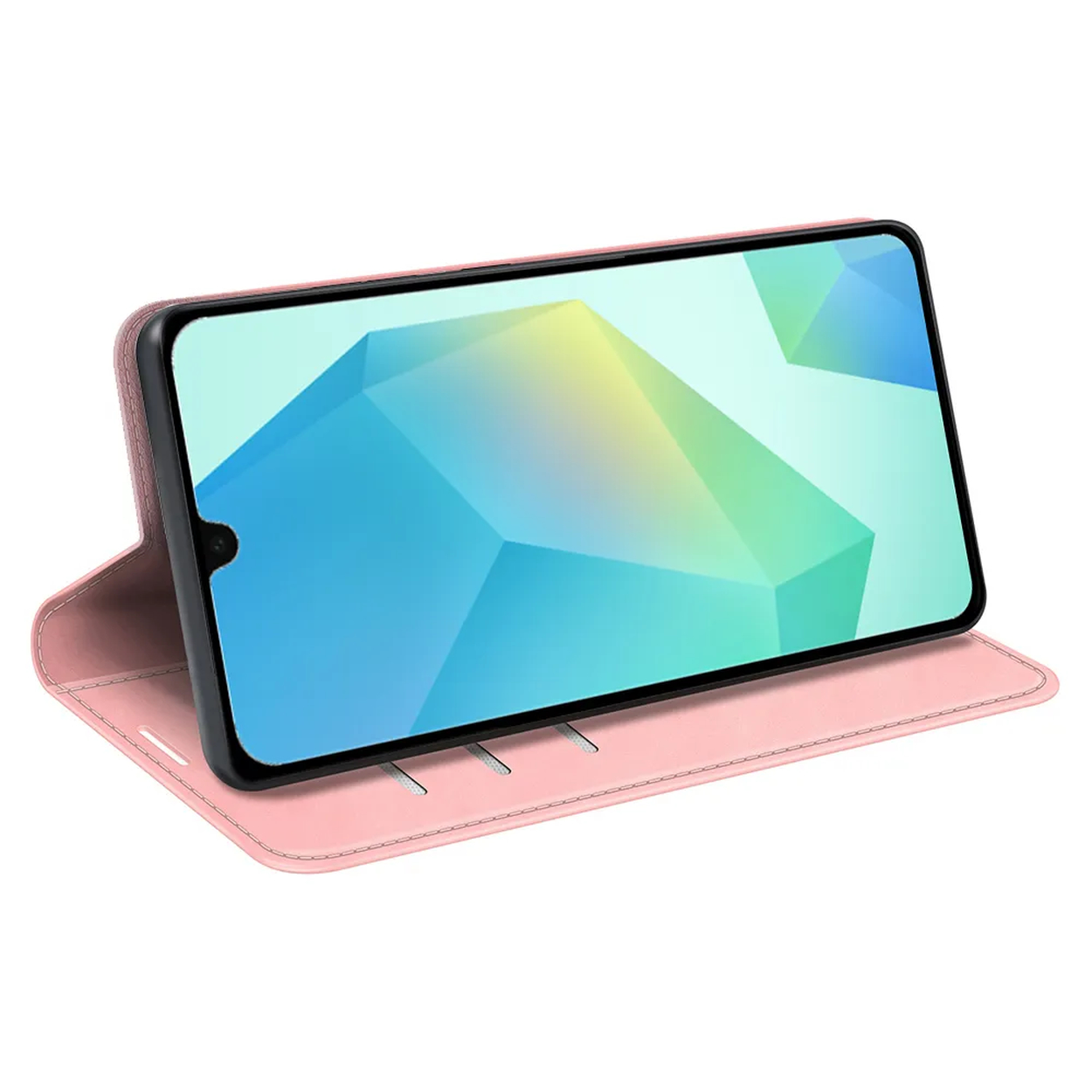 Roze telefoonhoesje met telefoon erin, met een kleurrijke abstracte afbeelding op het scherm. Hoesje is open.
