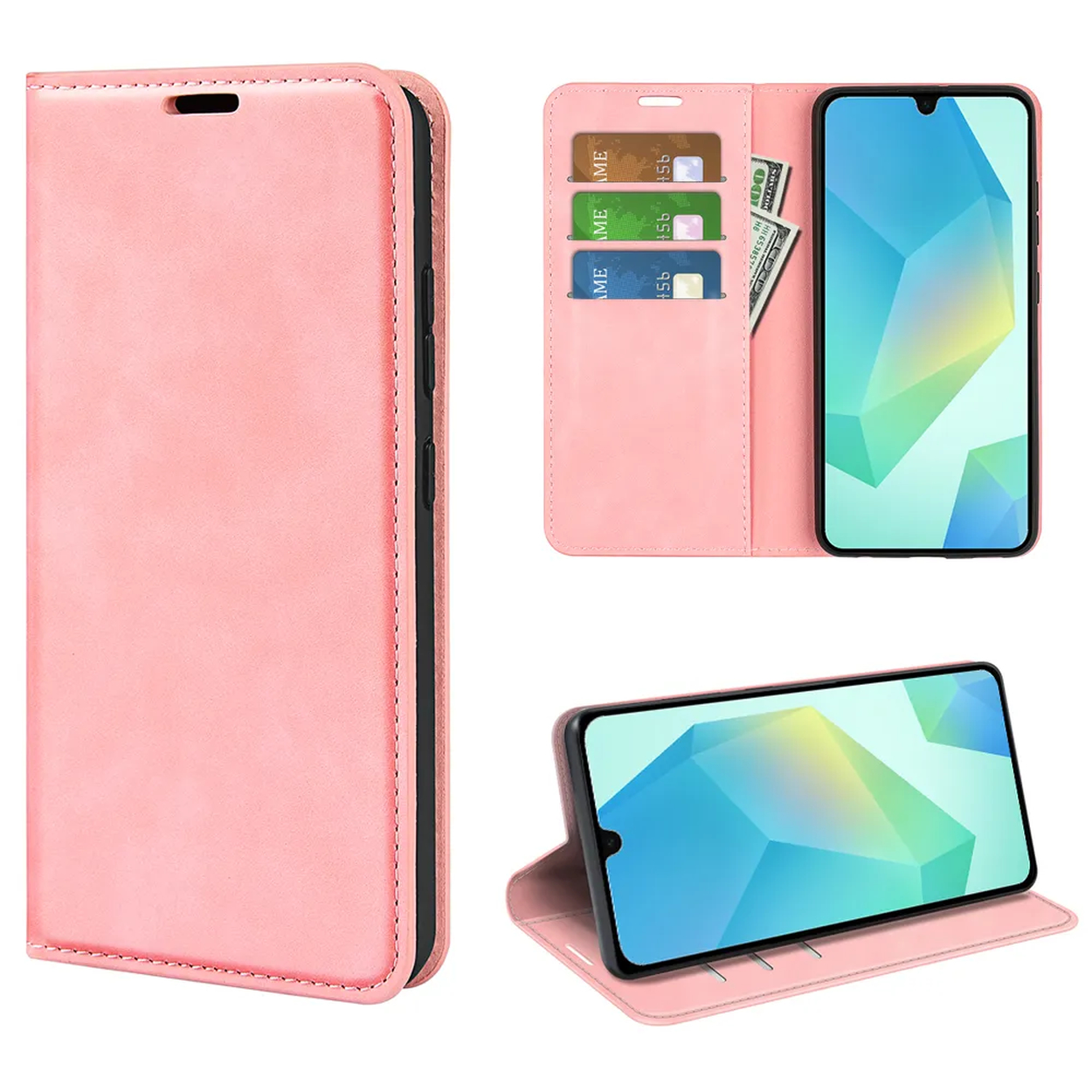 Roze telefoonhoesje met een telefoon erin. Het heeft kaartsleuven en een standfunctie. Het scherm toont een geometrisch ontwerp.