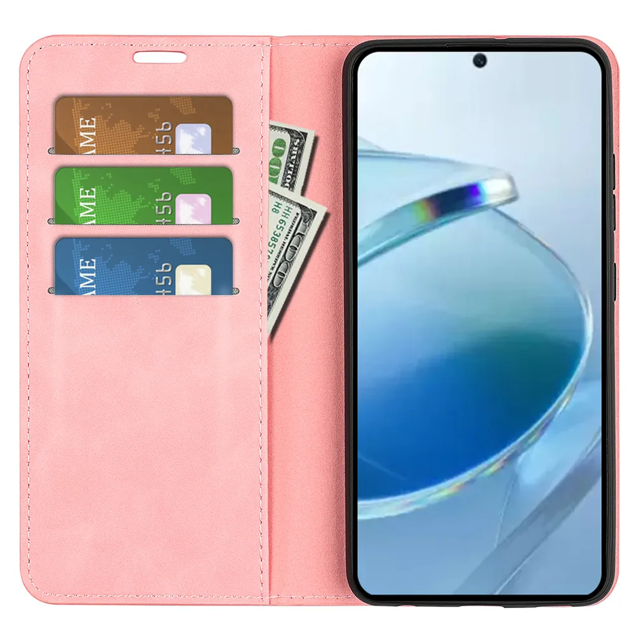 Roze telefoonhoesje open, met sleuven voor creditcards, een honderd dollar biljet en een smartphone met blauw scherm.