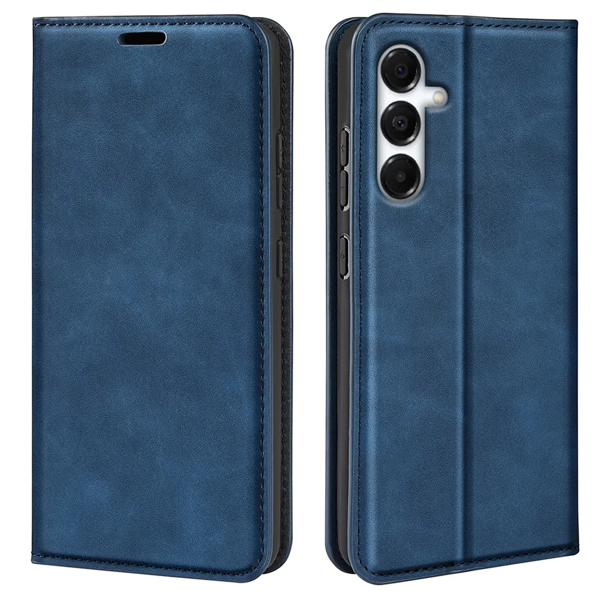 Blauwe leren telefoonhoes, open en dicht. De open hoes toont telefooncamera's. Gedetailleerde stiksels en knipgaten zijn zichtbaar.