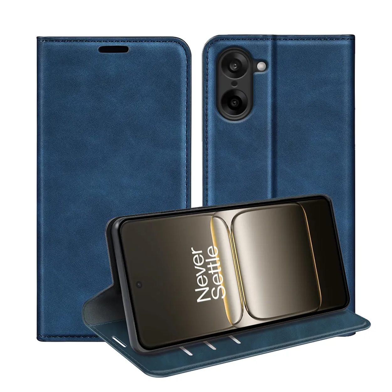 Un étui de téléphone bleu avec un téléphone à l'intérieur. Le téléphone affiche 'Never Settle'. Deux autres parties de l'étui sont derrière.