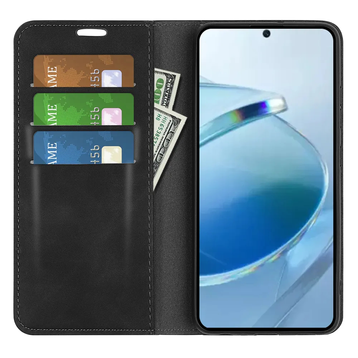 Zwarte telefoonhoes open, met een telefoon rechts, kaartsleuven en geld links.
