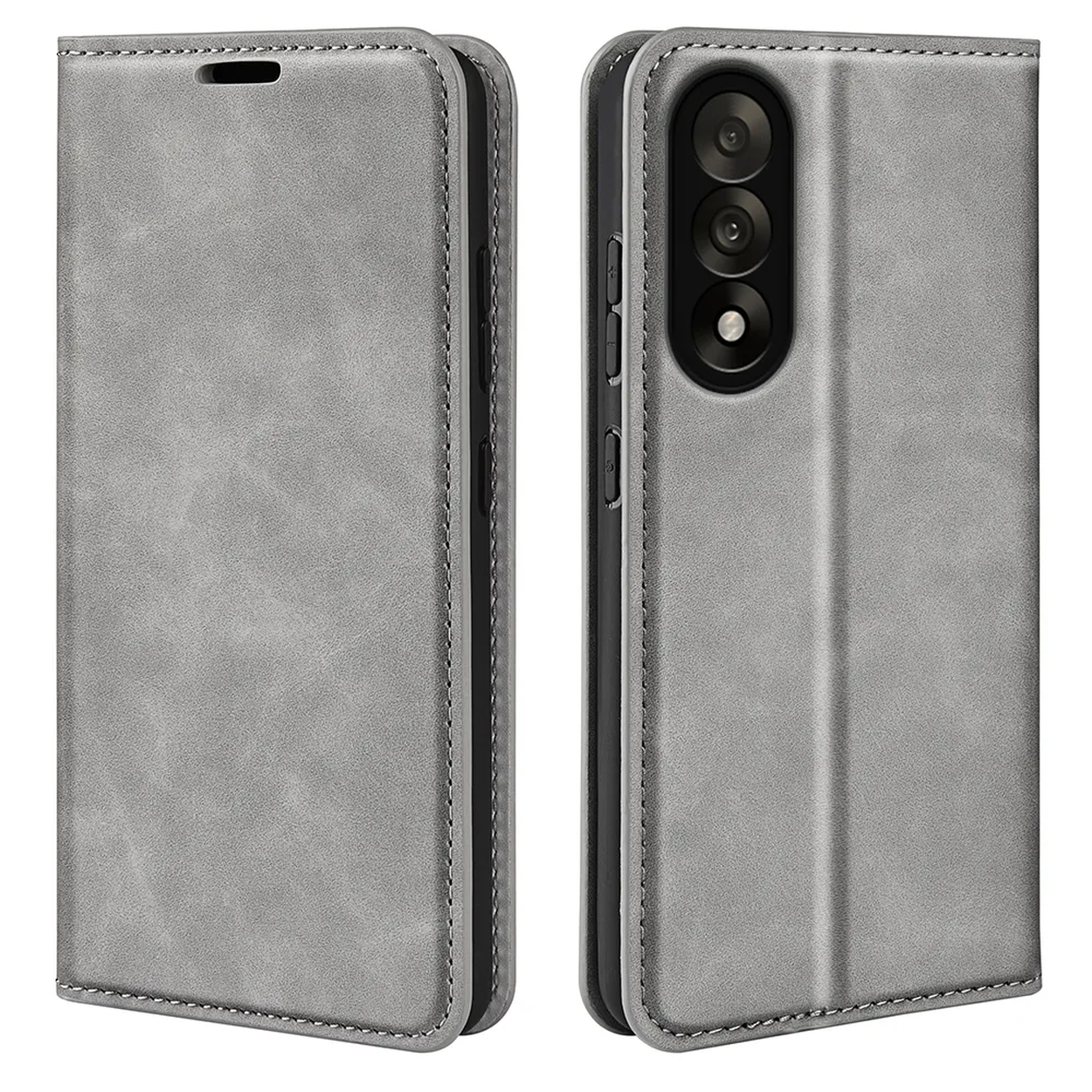 Deux étuis de téléphone en cuir gris. Un fermé, l'autre ouvert. L'étui ouvert montre un téléphone avec des caméras. Les deux ont des bords cousus.