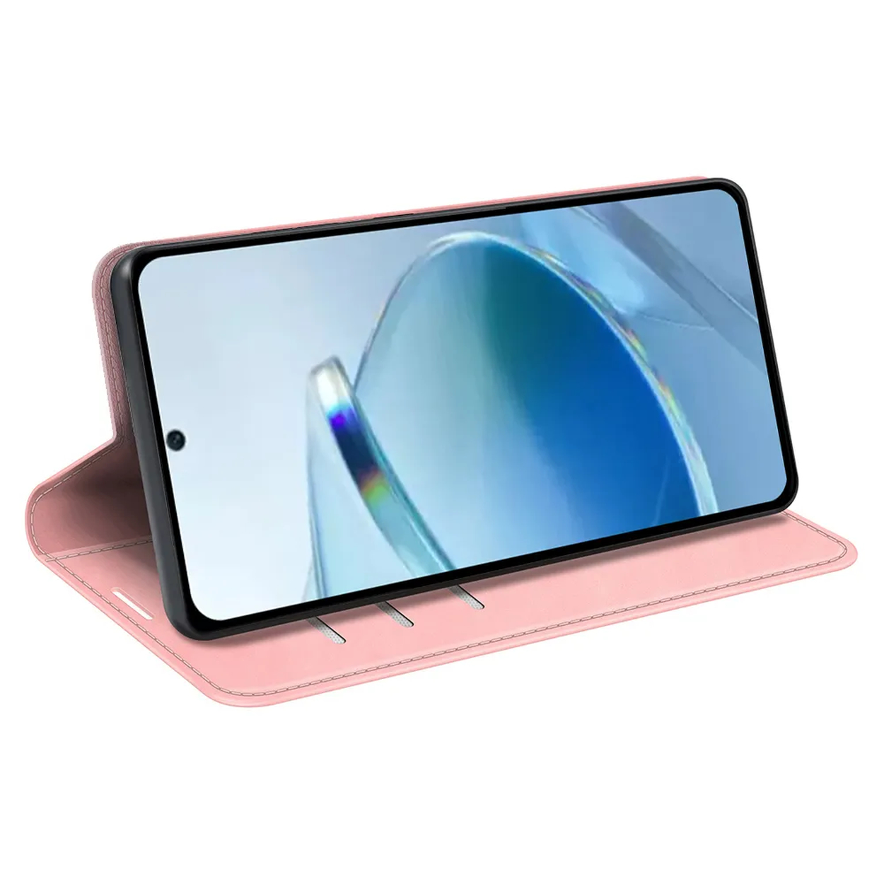 Een roze telefoonhoesje met een telefoon erin. Het telefoonscherm toont een blauw, abstract ontwerp.