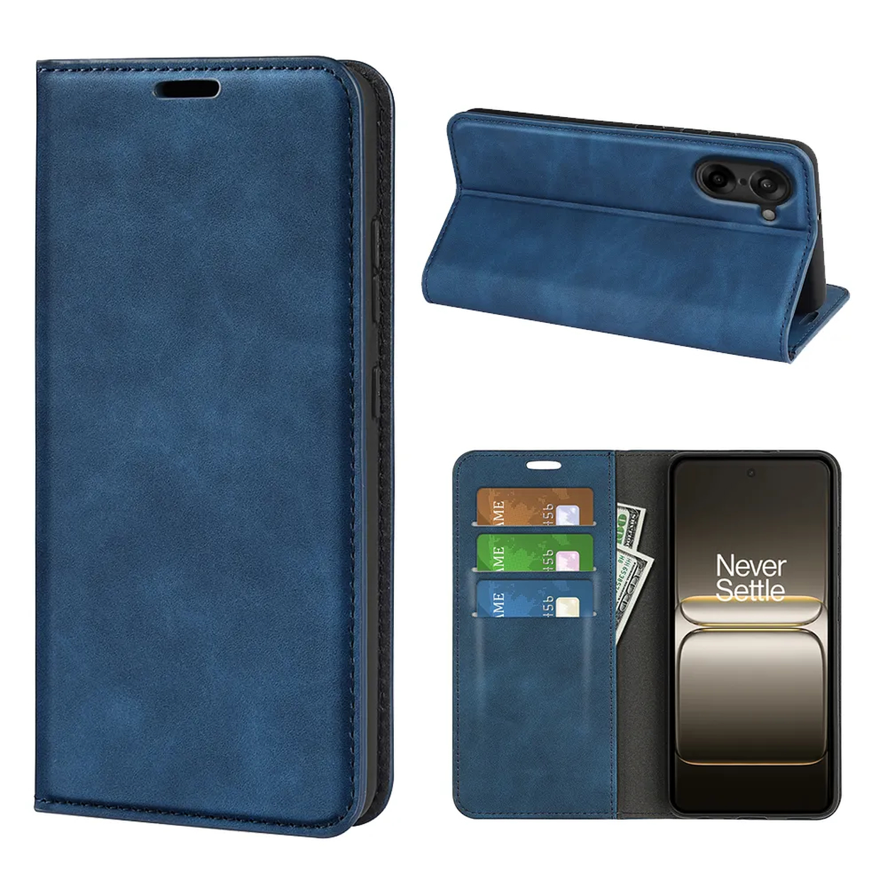 Un étui de téléphone bleu est présenté sous plusieurs angles. Il comprend des fentes pour cartes et un support de téléphone. Le téléphone affiche 'Never Settle'.