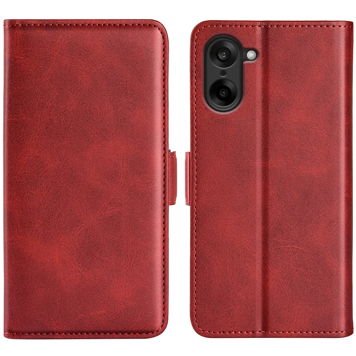 Een rode leren telefoonhoes is open en onthult de telefooncamera. De hoes heeft stiksels en een magnetische sluiting.