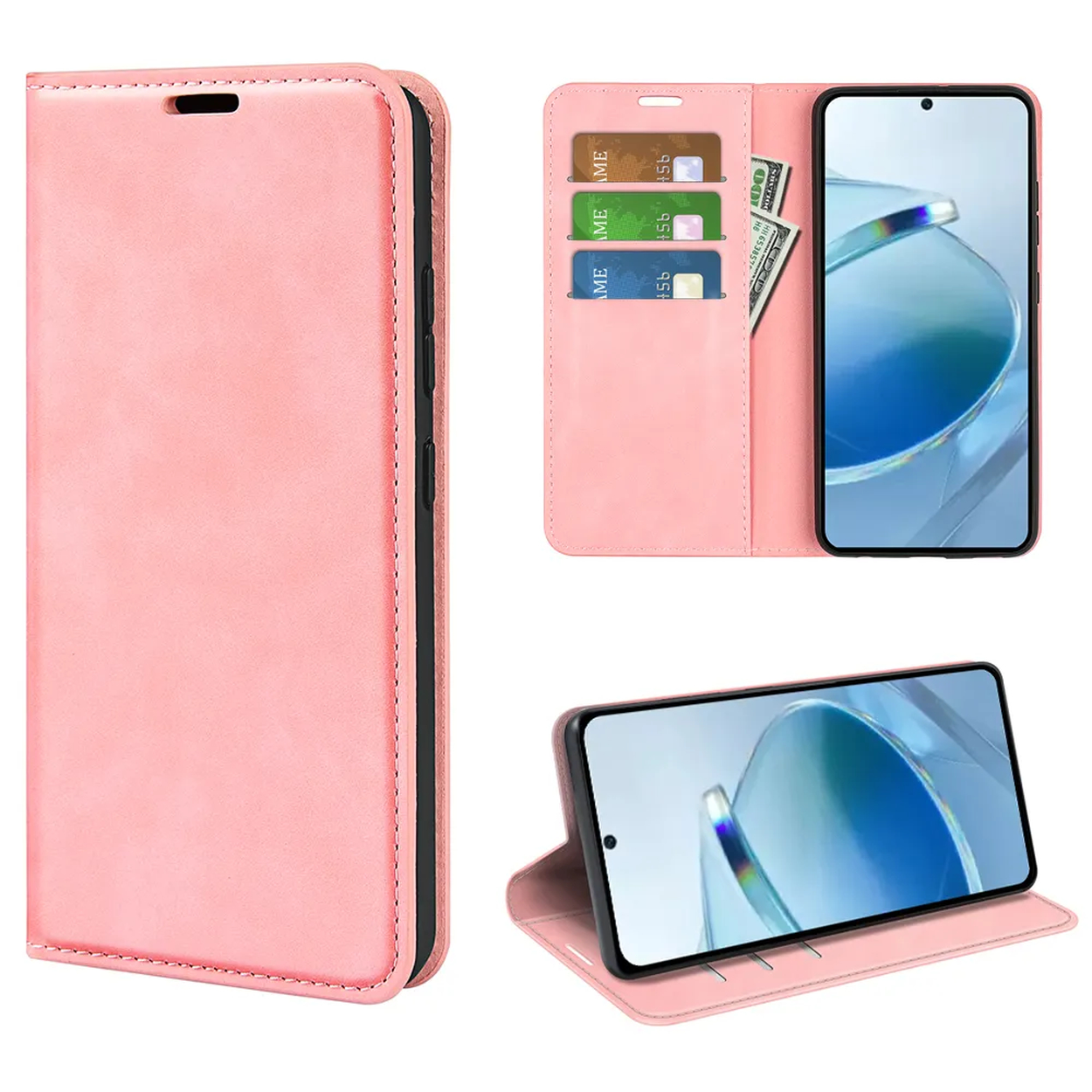 Roze telefoonhoes met smartphone erin. Creditcards en geld zichtbaar. De telefoon staat in verschillende posities.