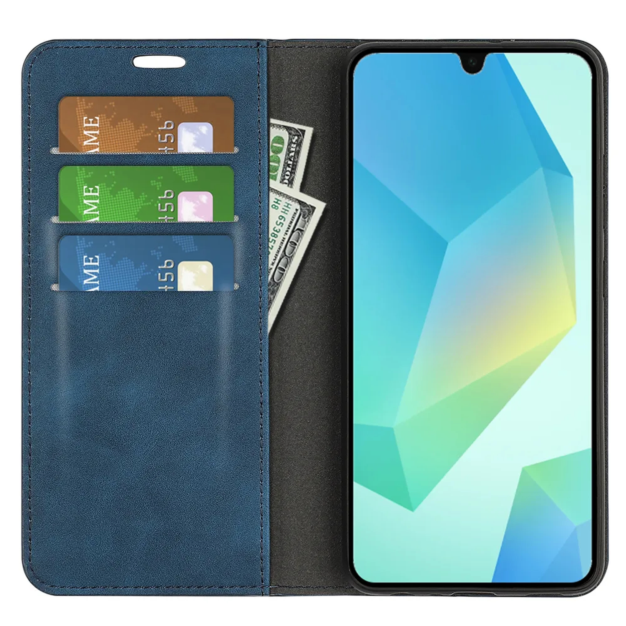 Een blauwe telefoonhoes open, met creditcards en geld. Een telefoon met een blauw en groen geometrisch ontwerp staat rechts.