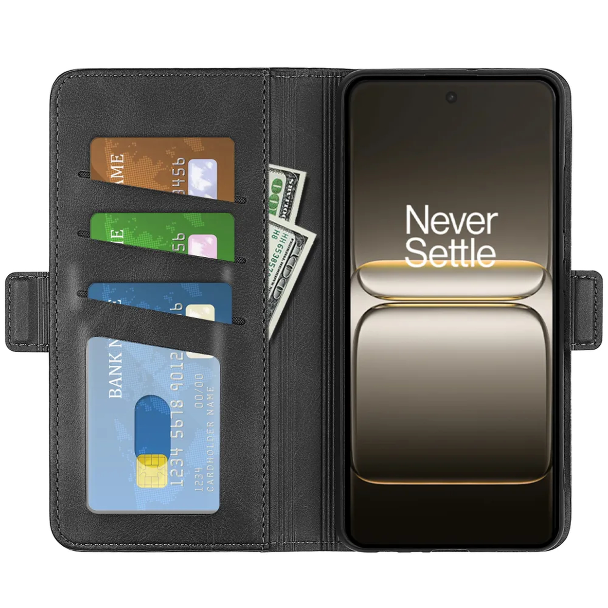 Zwarte telefoonhoes met smartphone en kaartsleuven, met kaarten en contant geld. Telefoon toont 'Never Settle'.