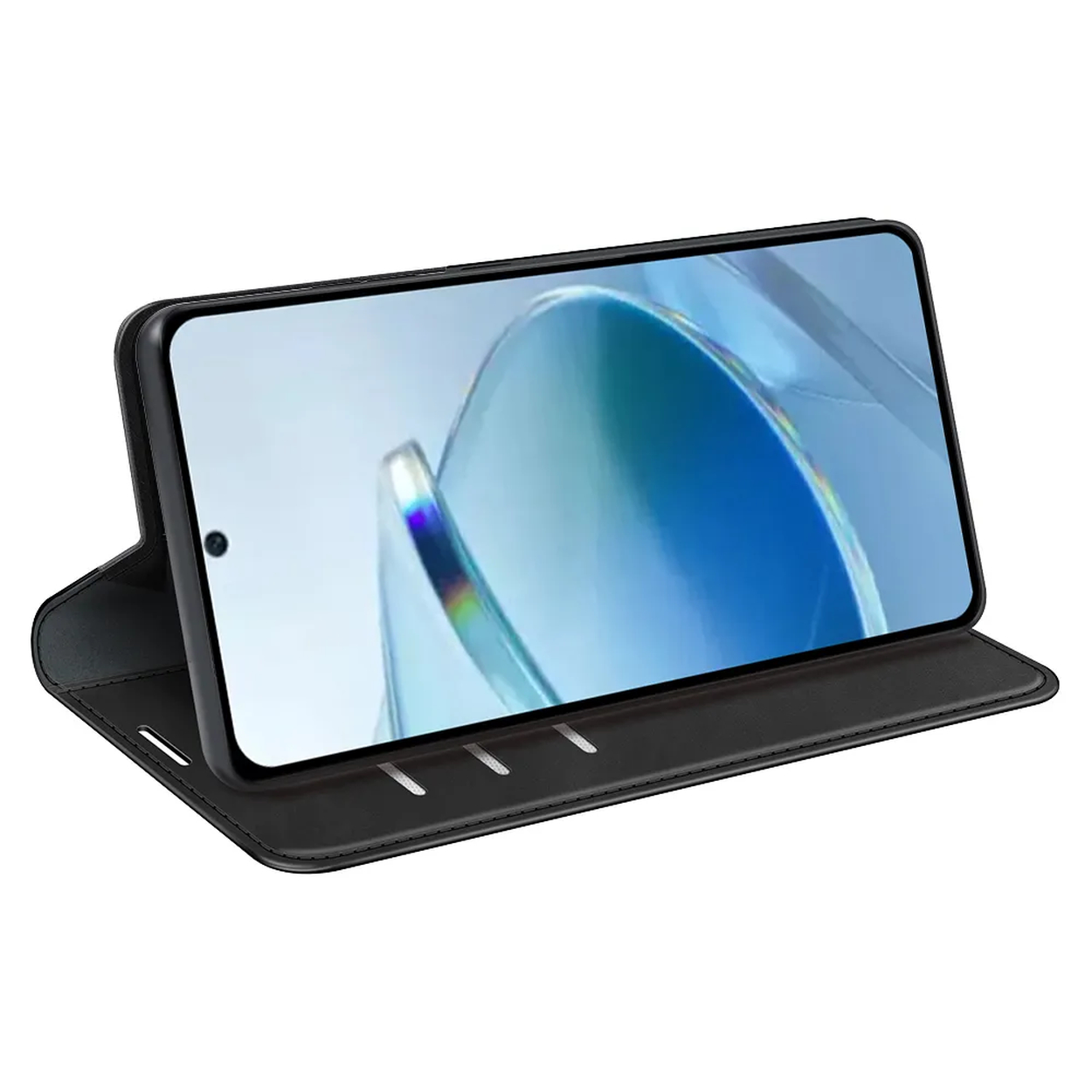 Zwarte telefoonhoes met een telefoon die een blauwe en witte afbeelding toont. De hoes is open en de telefoon staat rechtop.