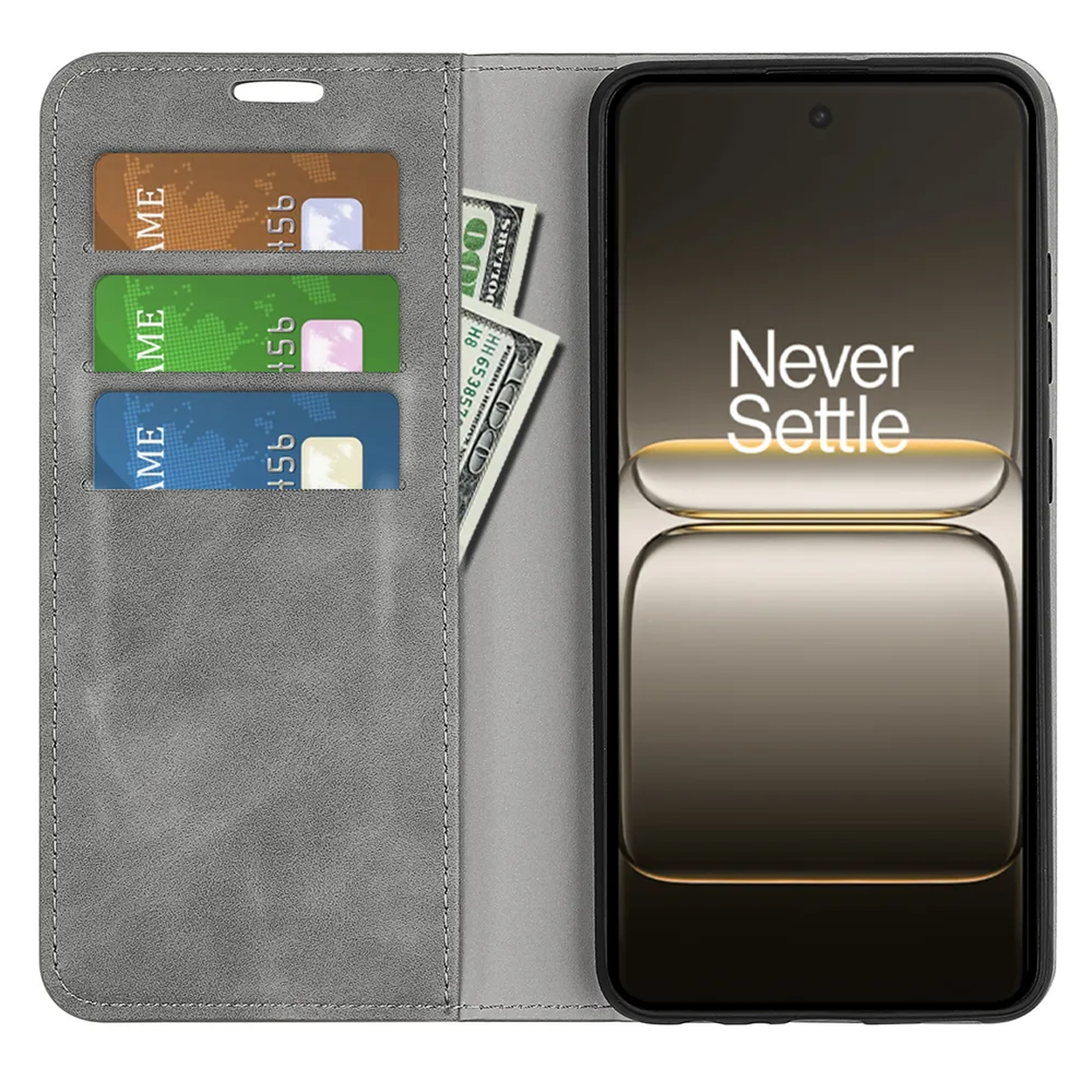 Étui de téléphone gris avec fentes pour cartes de crédit, contenant des cartes et des billets, et un téléphone affichant 'Never Settle'.