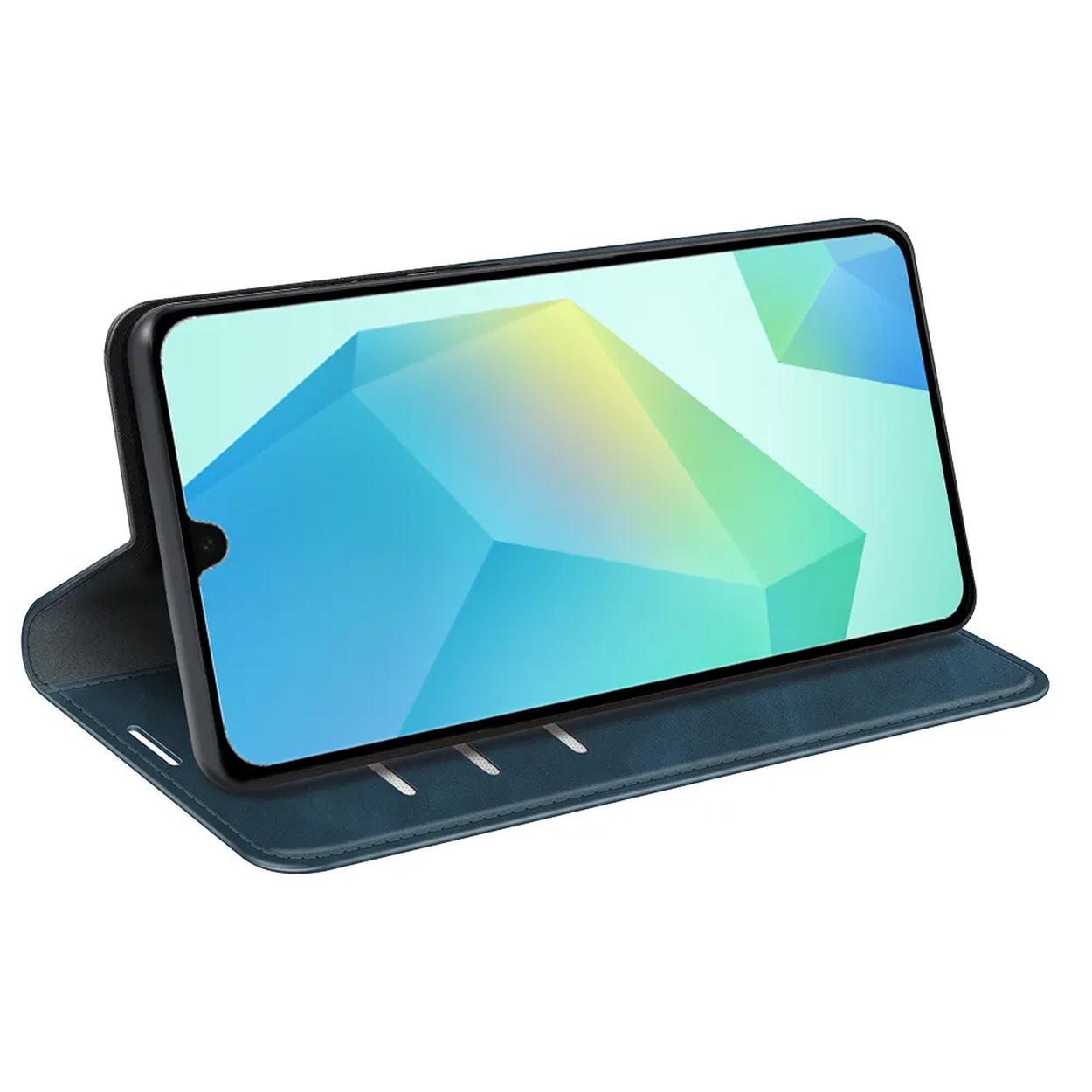Een smartphone in een blauwe hoes. Het scherm toont een kleurrijk geometrisch ontwerp.
