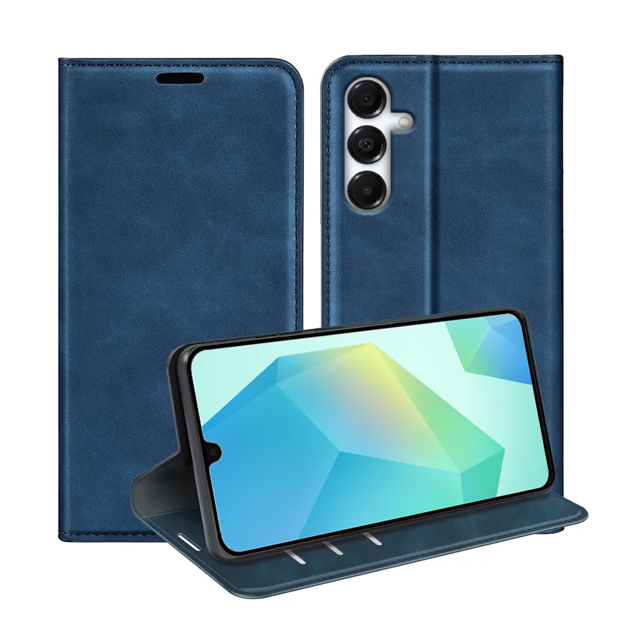 Een blauwe telefoonhoes met een telefoon erin. De telefoon toont een geometrisch ontwerp. De hoes is open en onthult de binnenkant.