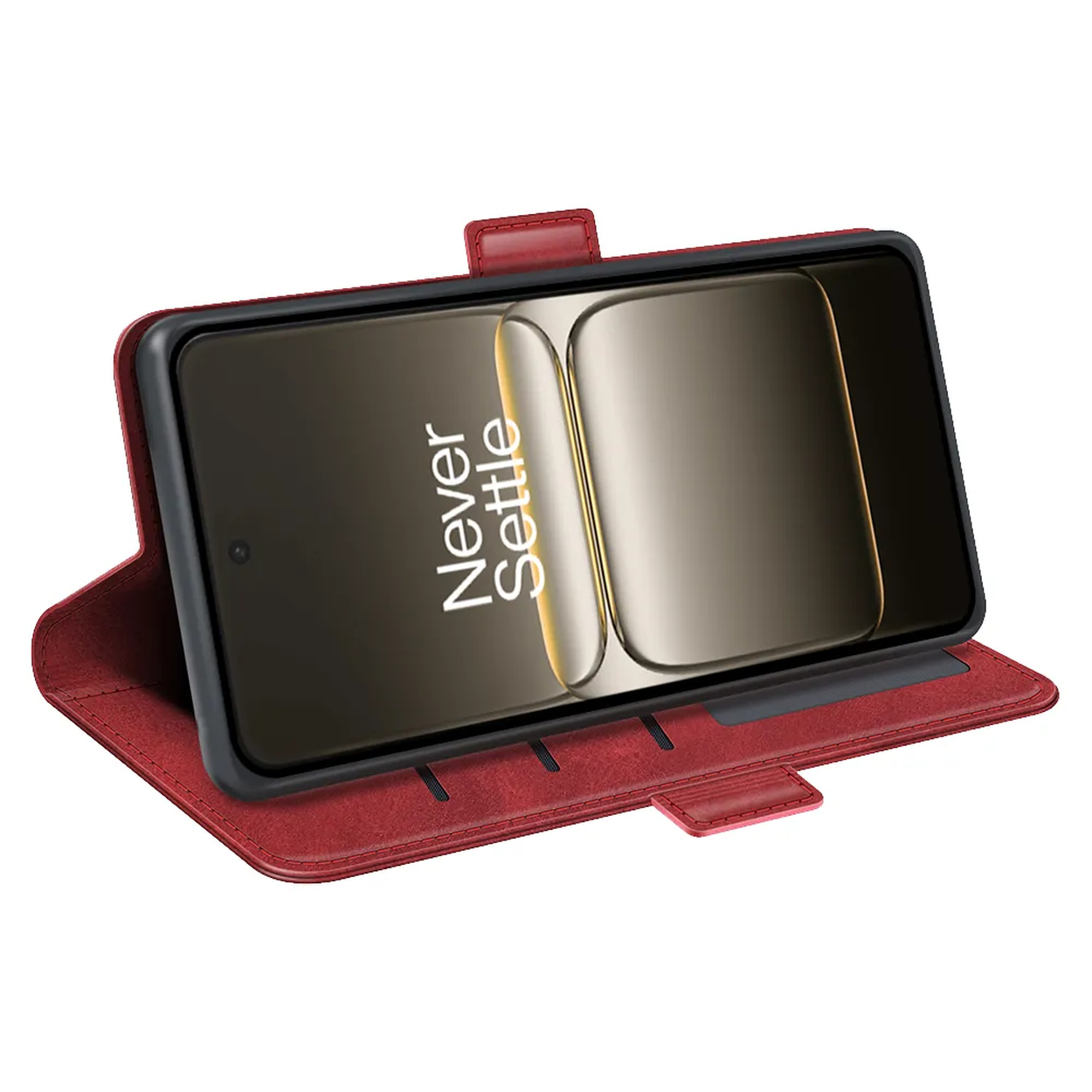 Een rode telefoonhoes houdt een telefoon vast met 'Never Settle'. De hoes is open en toont kaartsleuven. De achtergrond is wit.