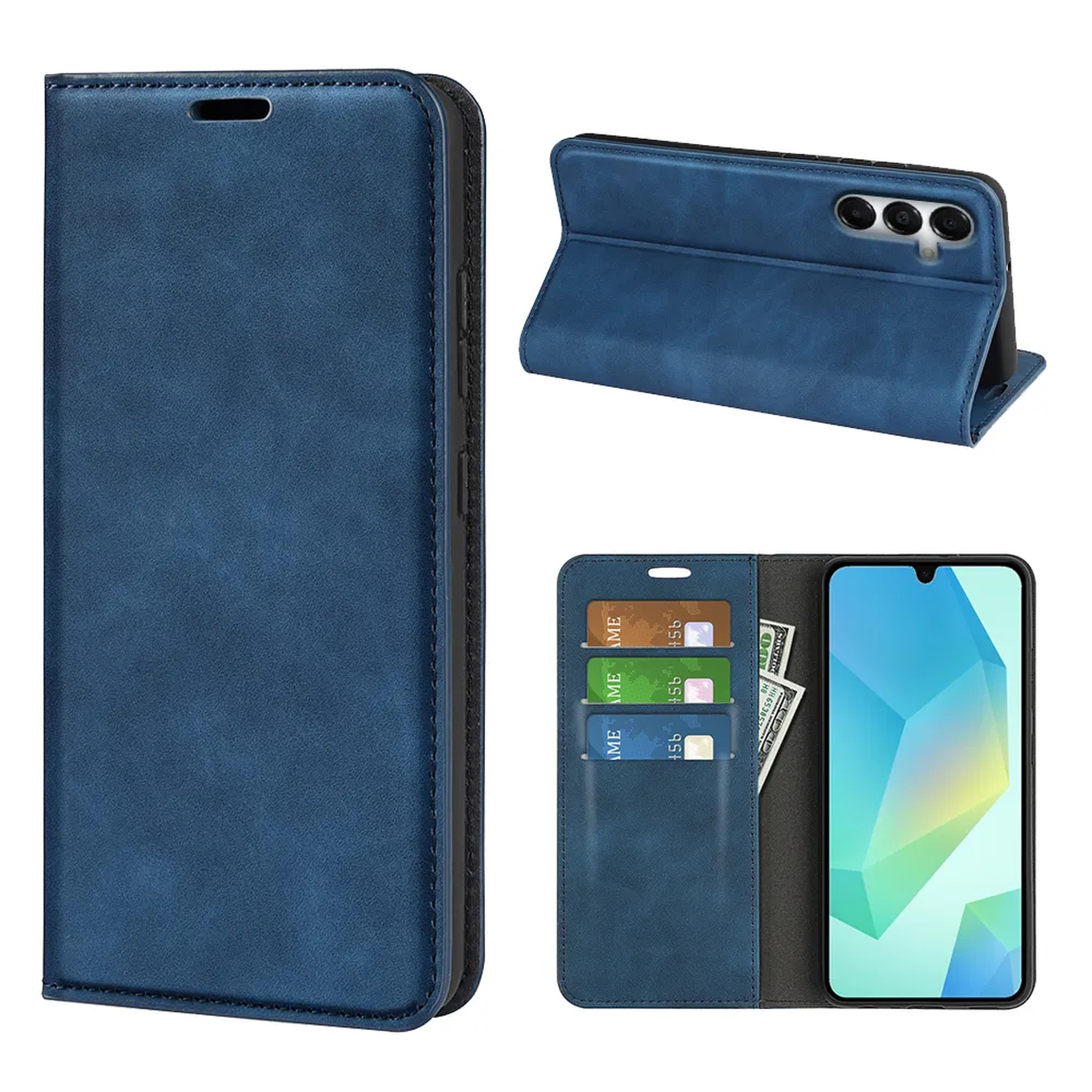 Blauwe leren telefoonhoes met meerdere weergaven: gesloten, open met kaarten en telefoon in stand-modus. Bevat creditcards en contant geld.