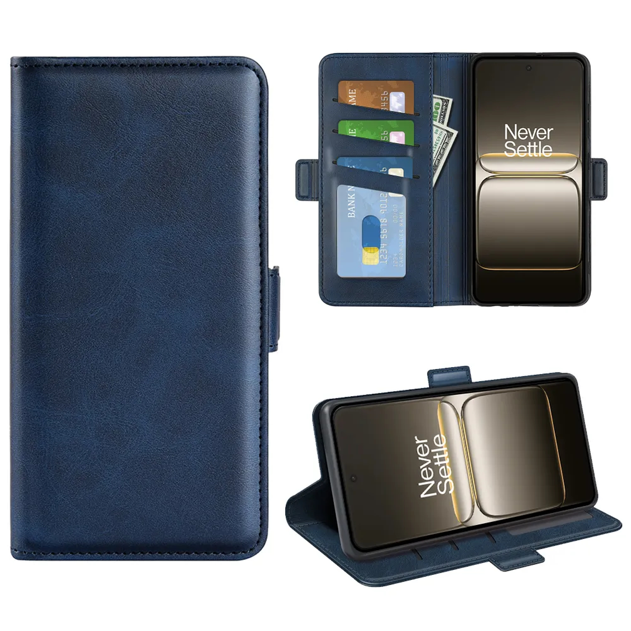 Een blauwe telefoonhoes met een smartphone, kaarten en contant geld. De telefoon toont 'Never Settle'.