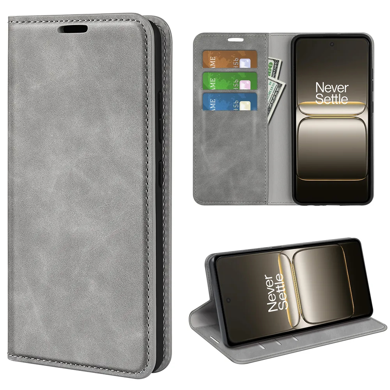 Étui de téléphone gris avec téléphone à l'intérieur, écran visible. L'étui a des fentes pour cartes et une fonction support.
