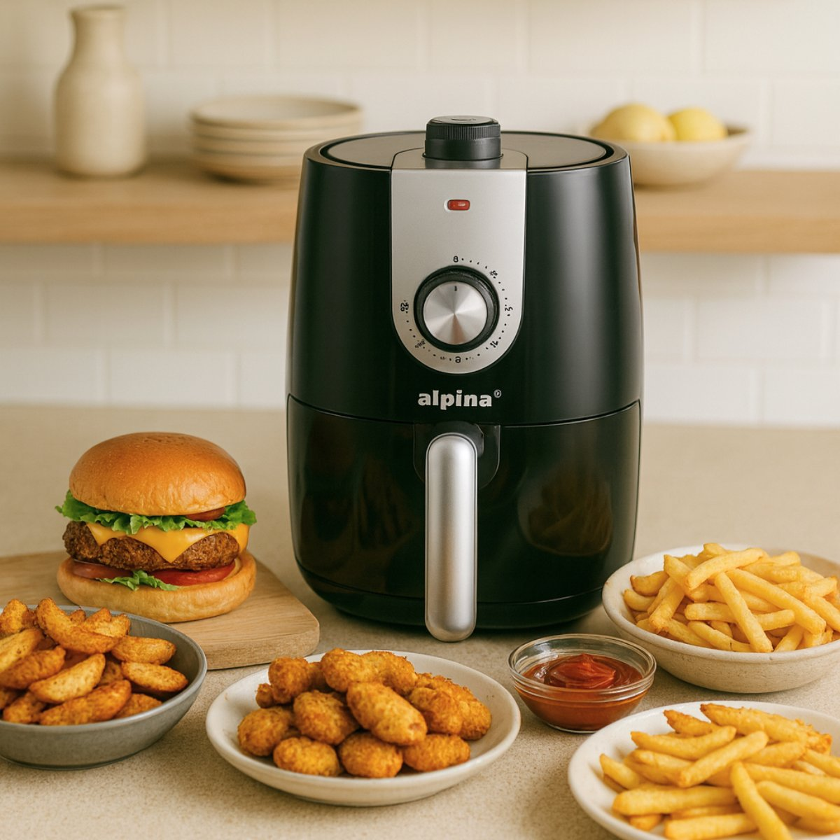 Een zwarte airfryer met een hamburger, friet, nuggets en ketchup op een tafel. Een fles en borden op de achtergrond.