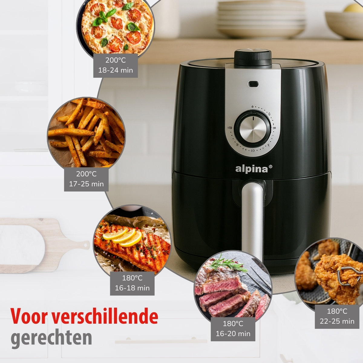 Un airfryer avec des exemples d'aliments : pizza, frites, saumon, steak et poulet frit, indiquant les temps et températures de cuisson.