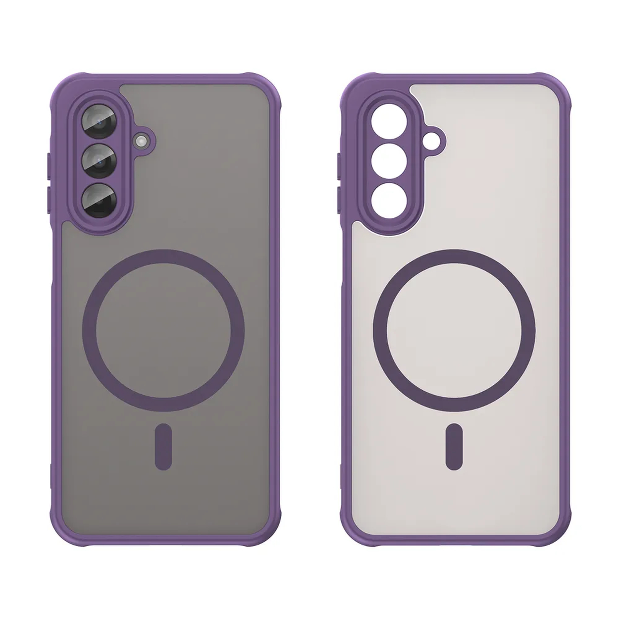 Twee telefoonhoesjes met paarse rand. Eén is grijs, de andere wit. Beide hebben een cirkel en een balk onderaan.