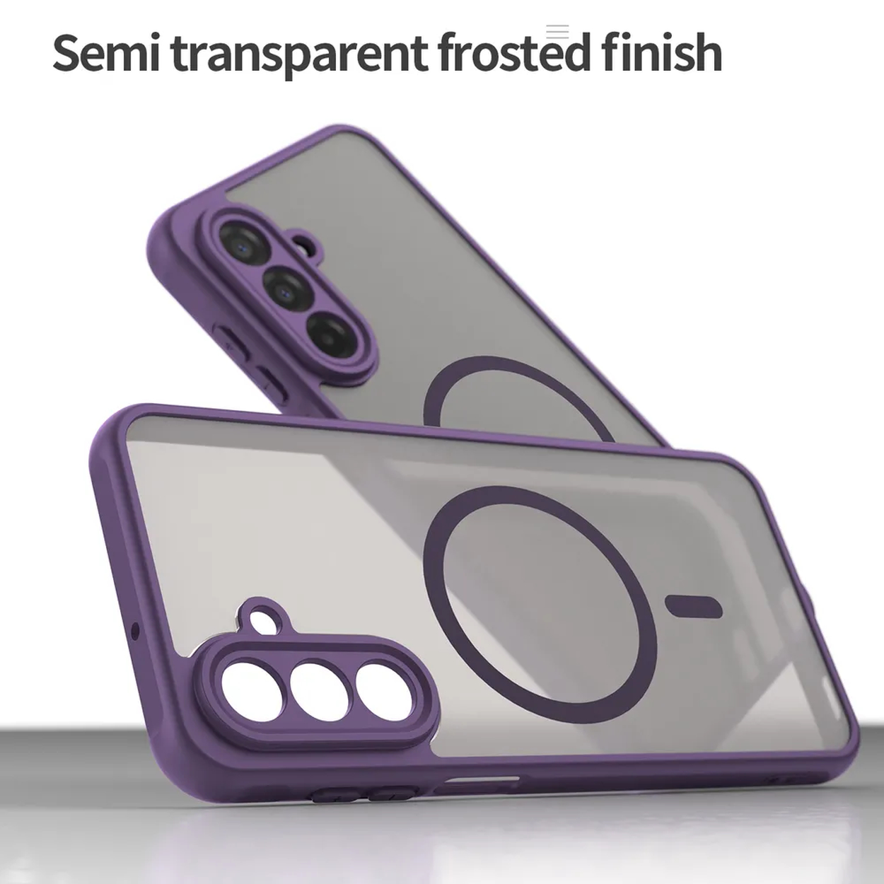 Twee paars omlijste telefoonhoesjes, de ene boven de andere. Elke hoes heeft een doorzichtige achterkant en paarse accenten.