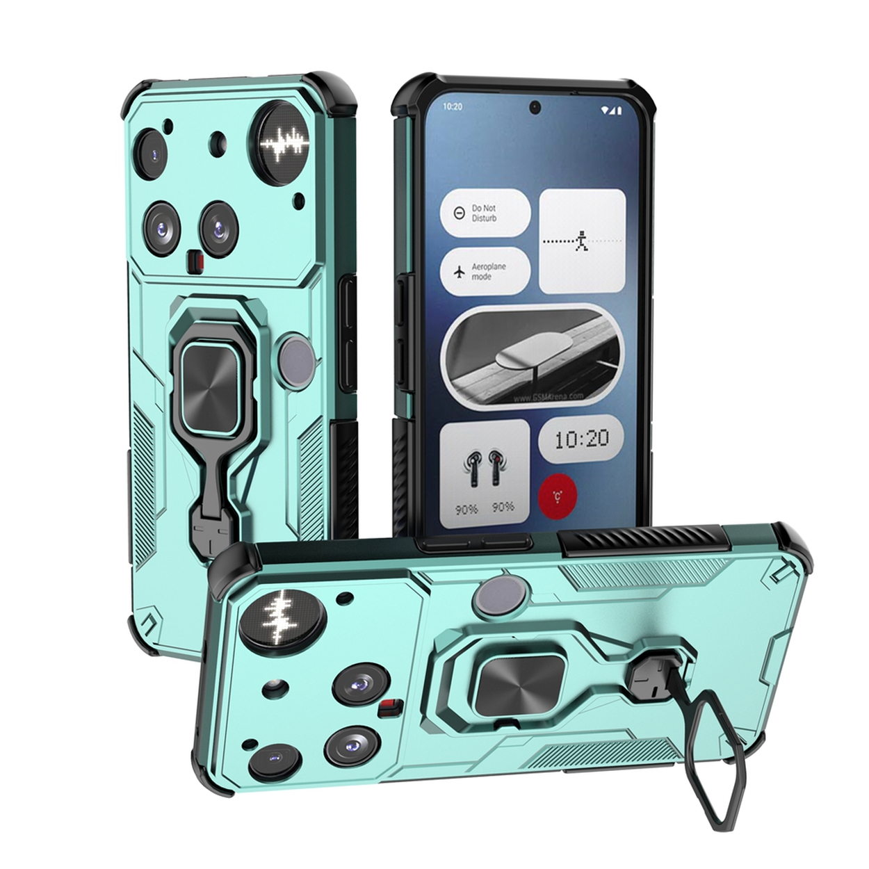 Trois coques de téléphone vert d'eau avec bordure noire. L'une affiche un écran de téléphone. Les coques ont des supports d'anneau et des découpes de caméra.
