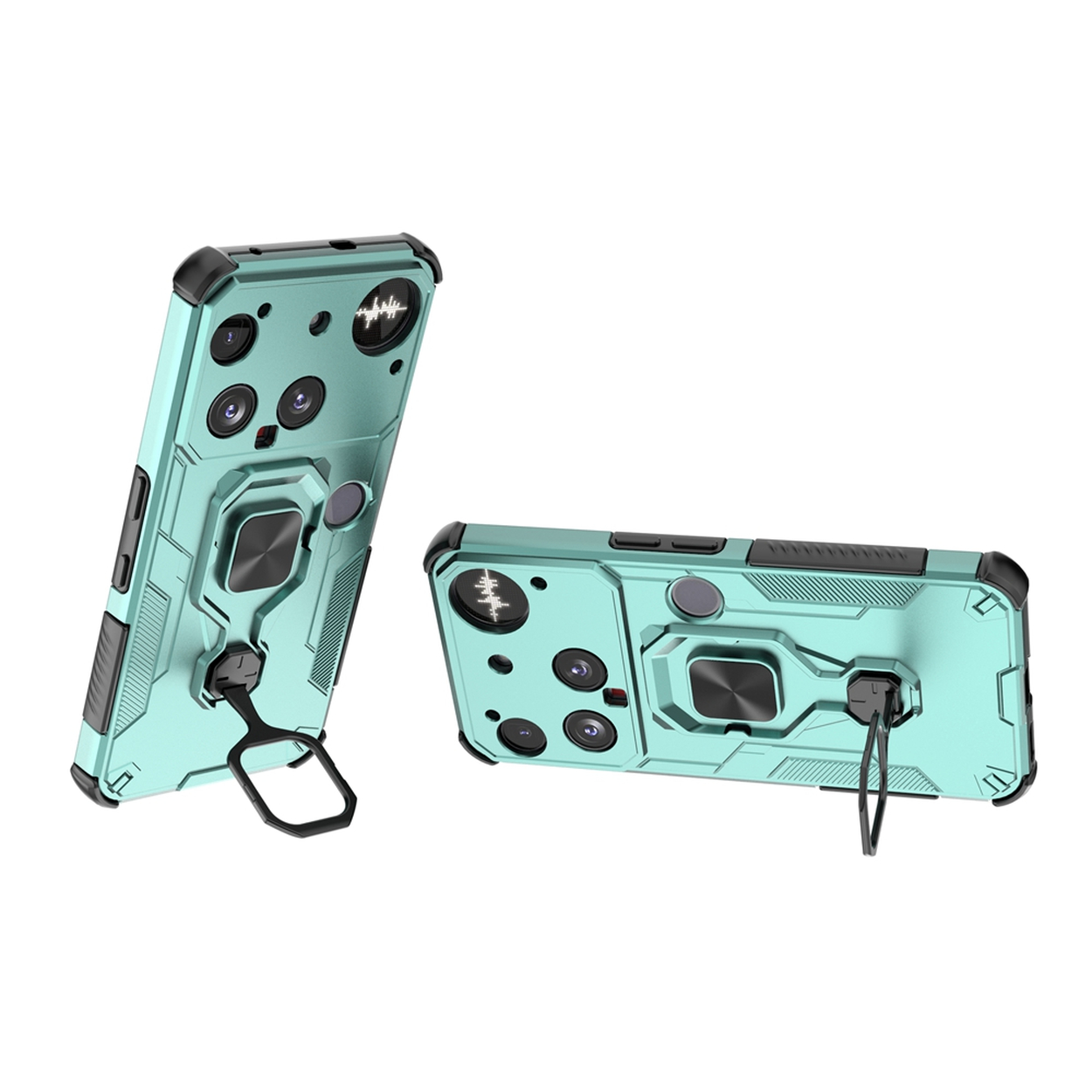 Deux coques de téléphone turquoise avec des accents noirs, des anneaux et plusieurs découpes pour caméras. L'une est droite, l'autre est plate.