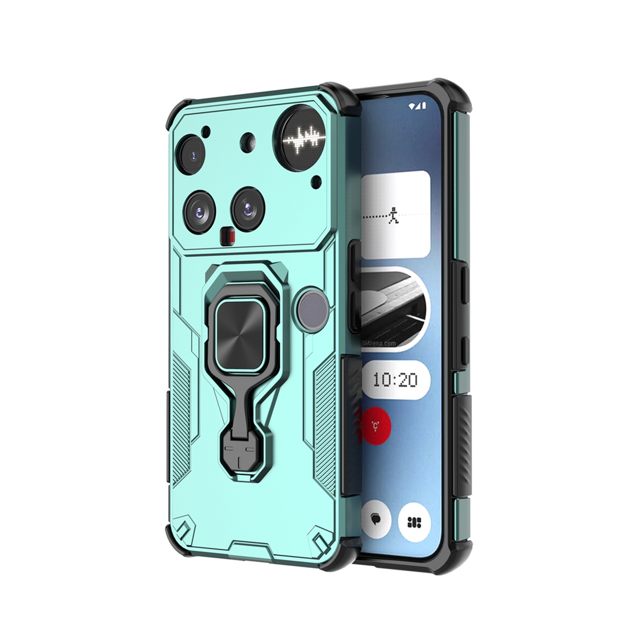 Un étui de téléphone sarcelle avec des accents noirs est montré sur un téléphone. L'écran du téléphone affiche des icônes d'applications et une horloge.