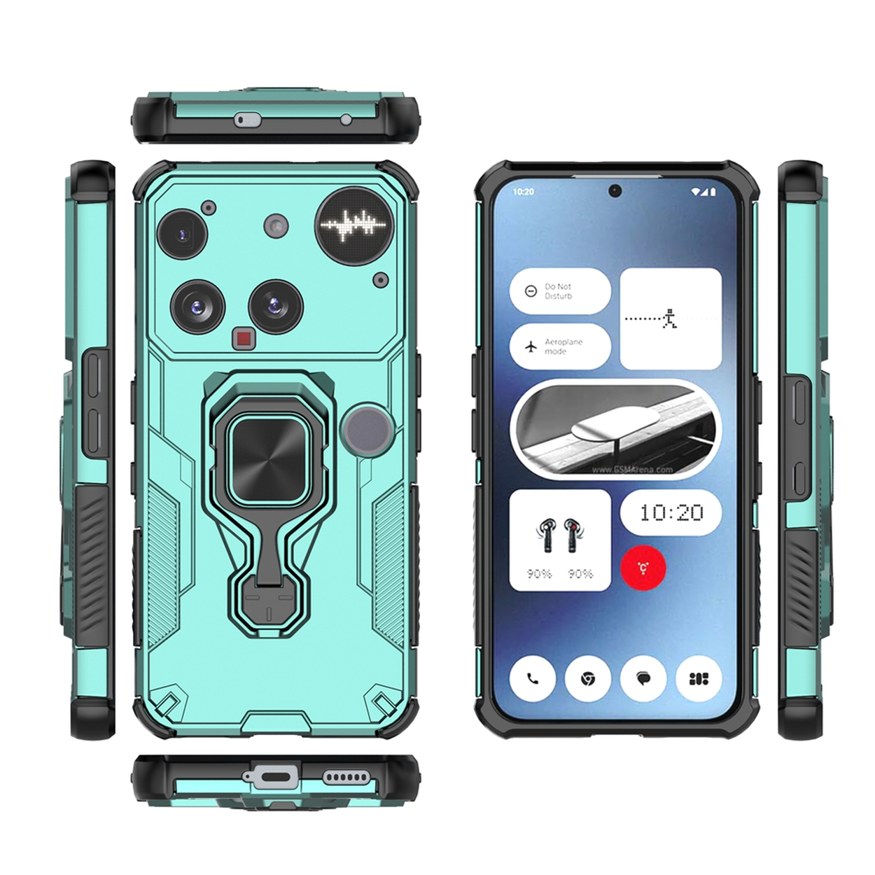 Coque de téléphone avec écran affichant les paramètres. L'étui est turquoise et noir avec un support d'anneau.