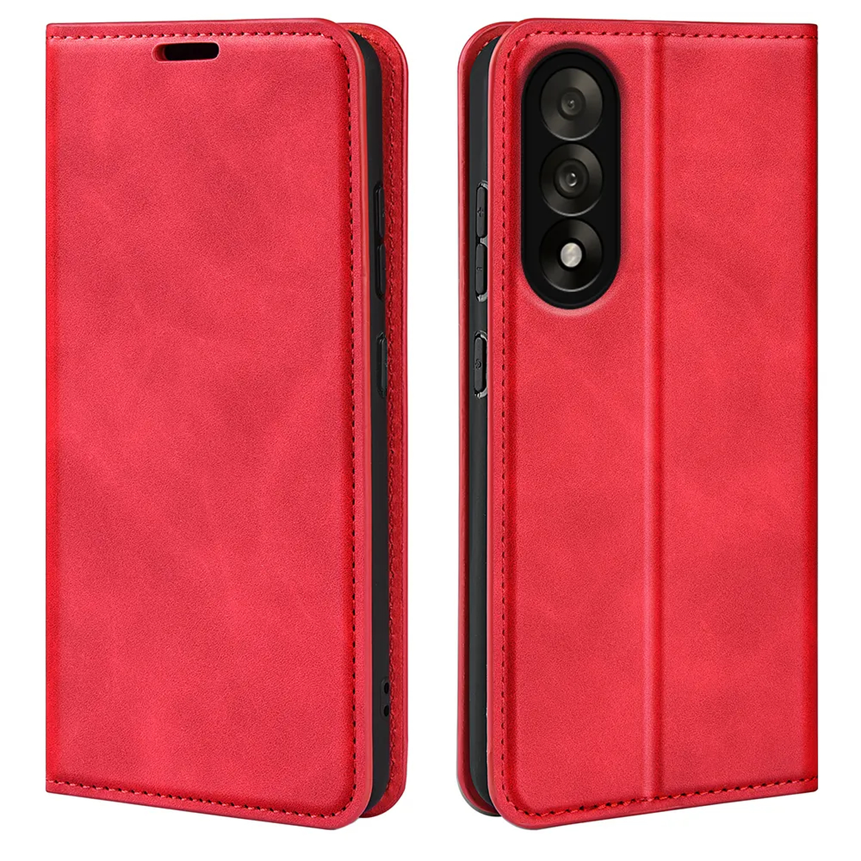 Un étui de téléphone en cuir rouge est montré ouvert et fermé. L'étui ouvert révèle l'appareil photo et les boutons du téléphone.