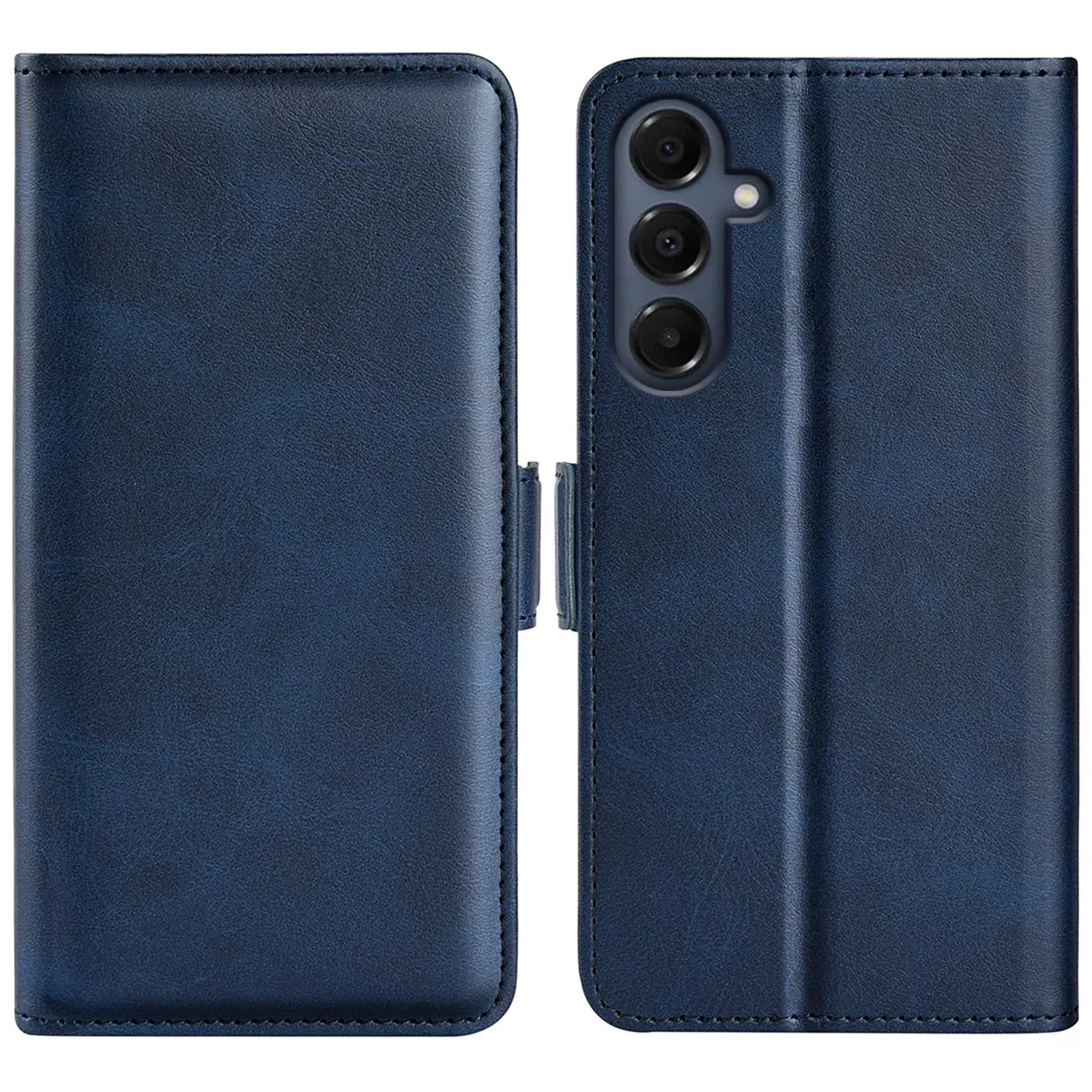 Un étui de téléphone bleu, ouvert pour afficher le téléphone. Le côté gauche est la partie portefeuille, le côté droit est le support de téléphone.