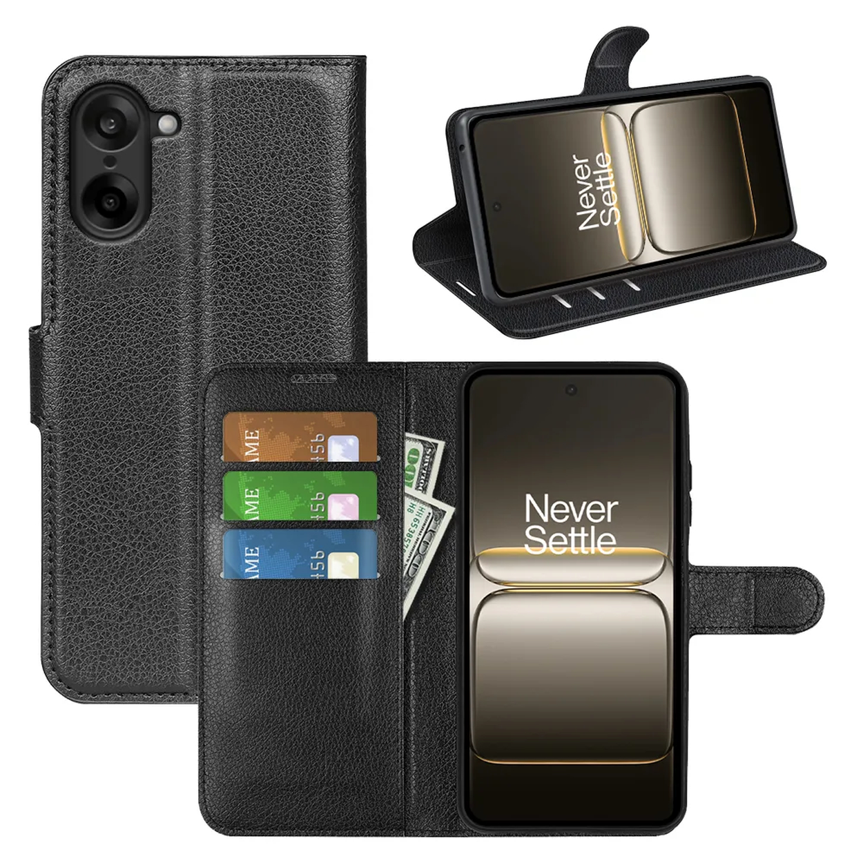 Zwarte telefoonhoes met telefoon, kaarten en contant geld. De telefoon toont 'Never Settle'.