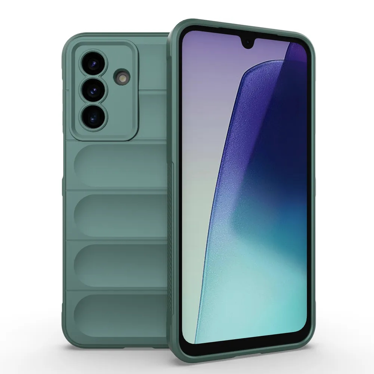 Twee groene smartphones. Eén heeft een hoesje met camera en lijnen. De andere toont een scherm met paarse en blauwe gradiënt.
