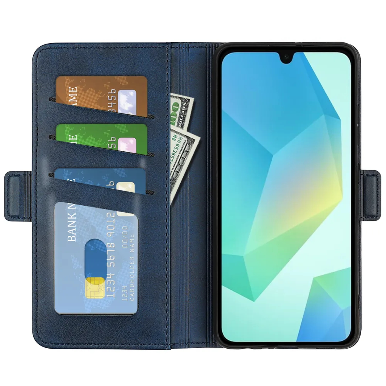 Un téléphone dans un étui portefeuille bleu. Des cartes et de l'argent sont dans les fentes du portefeuille. L'écran du téléphone est bleu.