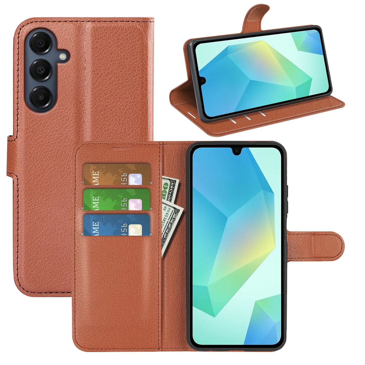 Bruine leren telefoonhoes met telefoon en kaarten zichtbaar. Inclusief een telefoon met een blauw en wit geometrisch patroon op het scherm.