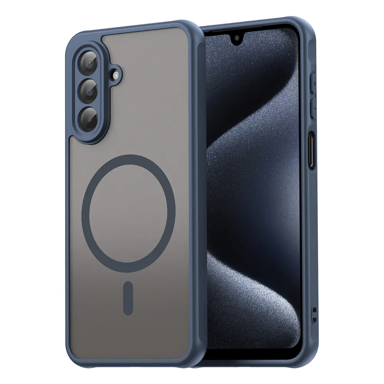 Une coque de téléphone bleue avec un aimant intégré et trois caméras. L'écran du téléphone est visible à droite.