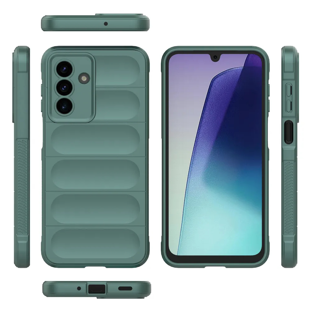 Een teal telefoonhoesje. Vooraanzicht toont het scherm met een blauw-wit ontwerp. Zij-aanzichten tonen knoppen en poorten. Boven- en onderaanzicht ook.
