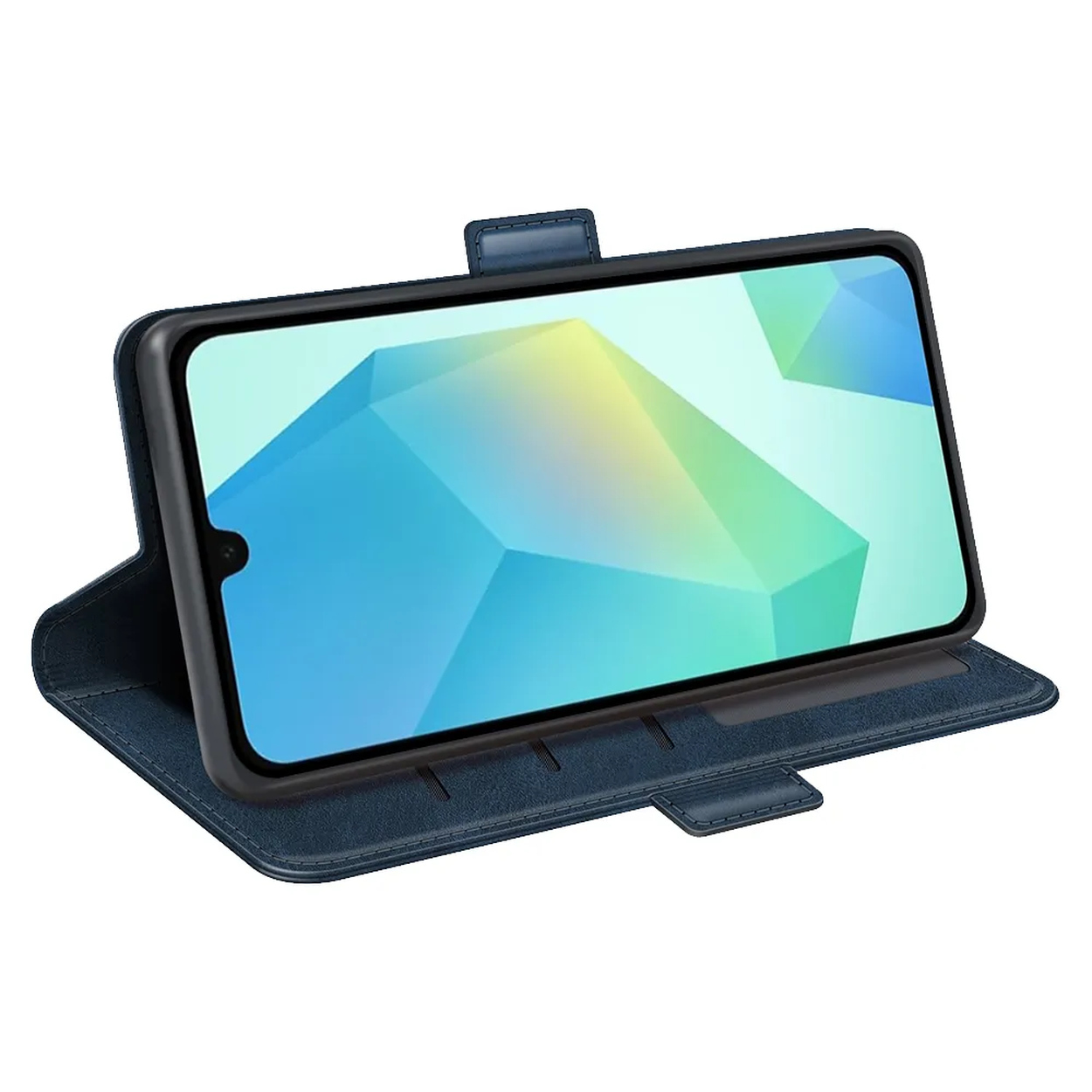 Un smartphone dans un étui bleu. L'écran affiche un motif abstrait coloré. L'étui est ouvert, montrant le téléphone à l'intérieur.