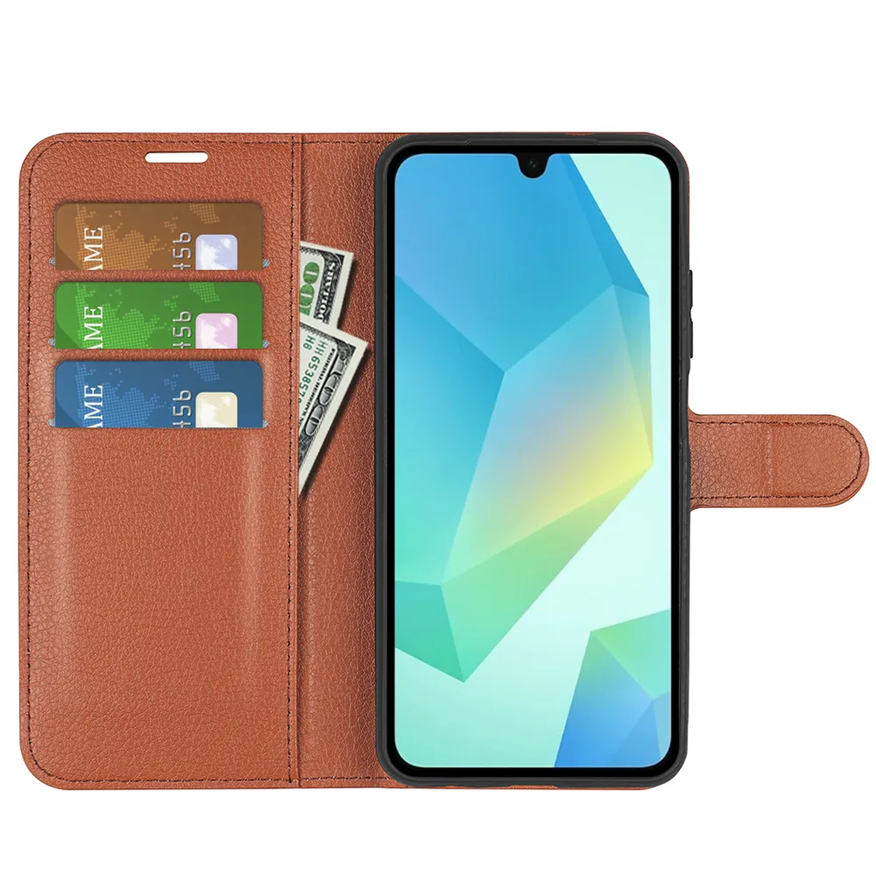 Bruine leren telefoonhoes open, met telefoon, kaarten en geld zichtbaar. Het telefoonscherm is blauw en wit.