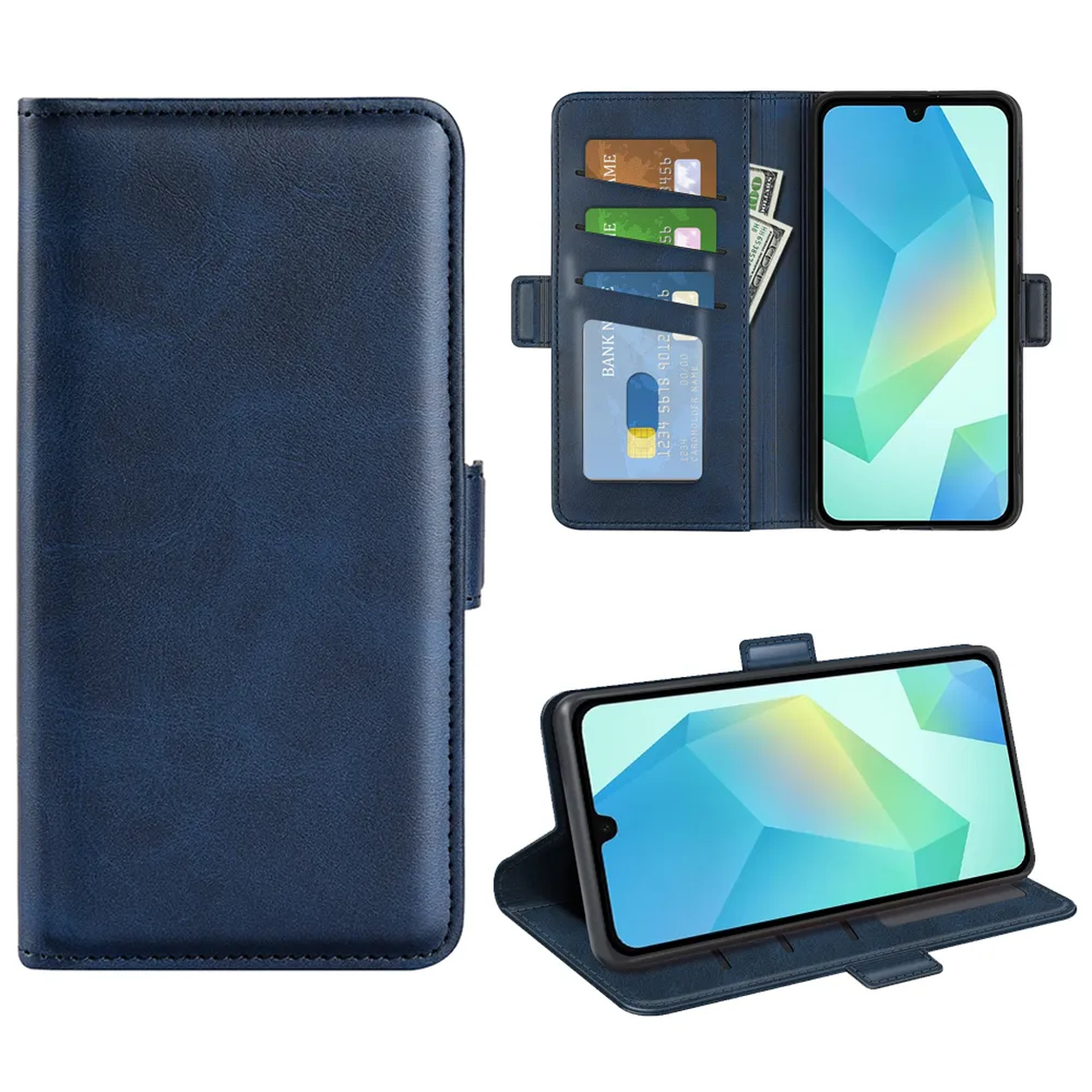 Un étui de téléphone bleu ouvert montrant des cartes et de l'argent. Un téléphone est dans le support. L'étui est simili cuir.