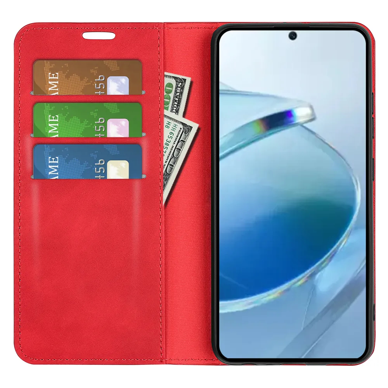 Rode telefoonhoes met telefoon, drie kaarten en twee dollarbiljetten. Het telefoonscherm toont een blauw en wit beeld.