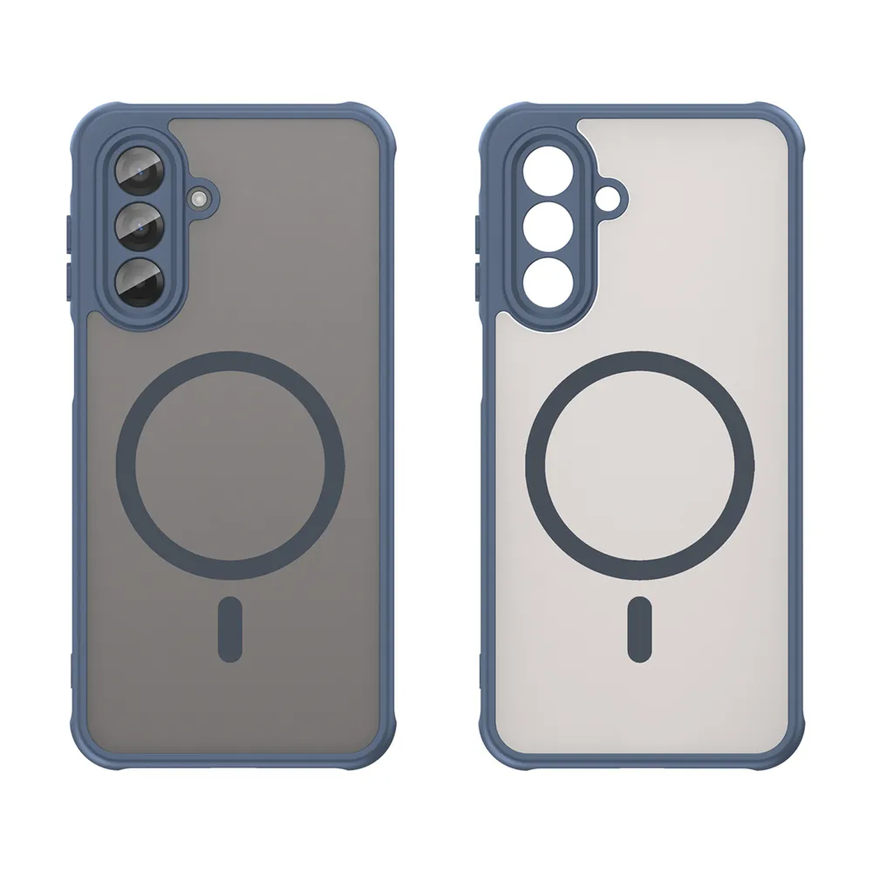 Deux coques de téléphone côte à côte, cadre bleu, dos transparent. L'une est grise, l'autre blanche. Chacune a un cercle et un signe moins.
