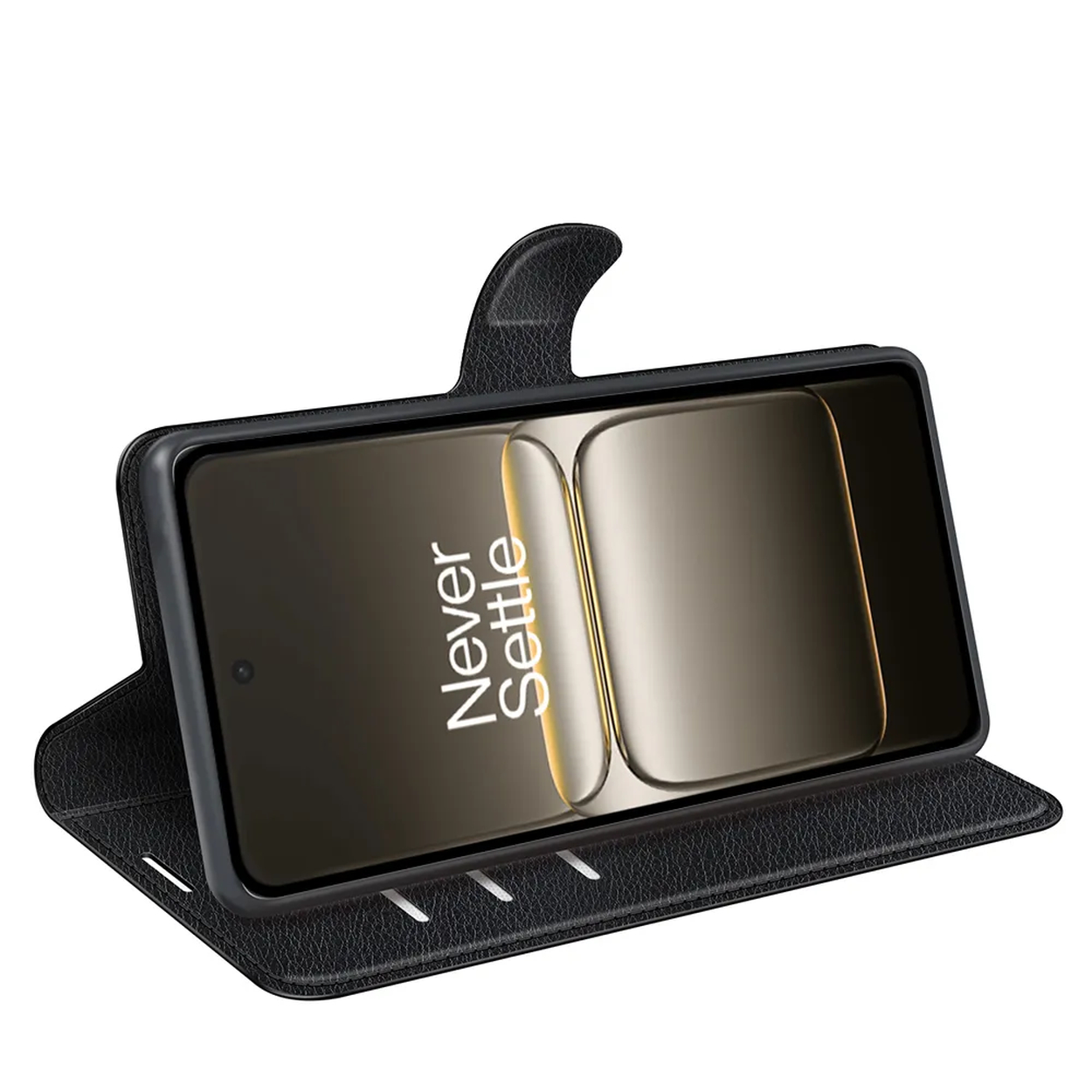 Zwarte telefoonhoes met telefoon erin. De telefoon toont 'Never Settle'. De hoes is open en toont het scherm.