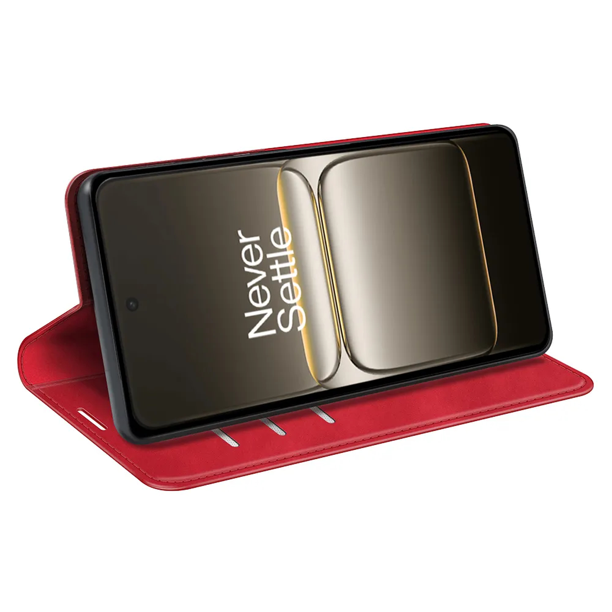 Un étui de téléphone rouge avec un téléphone affichant les mots « Never Settle ». L'écran du téléphone est sombre.