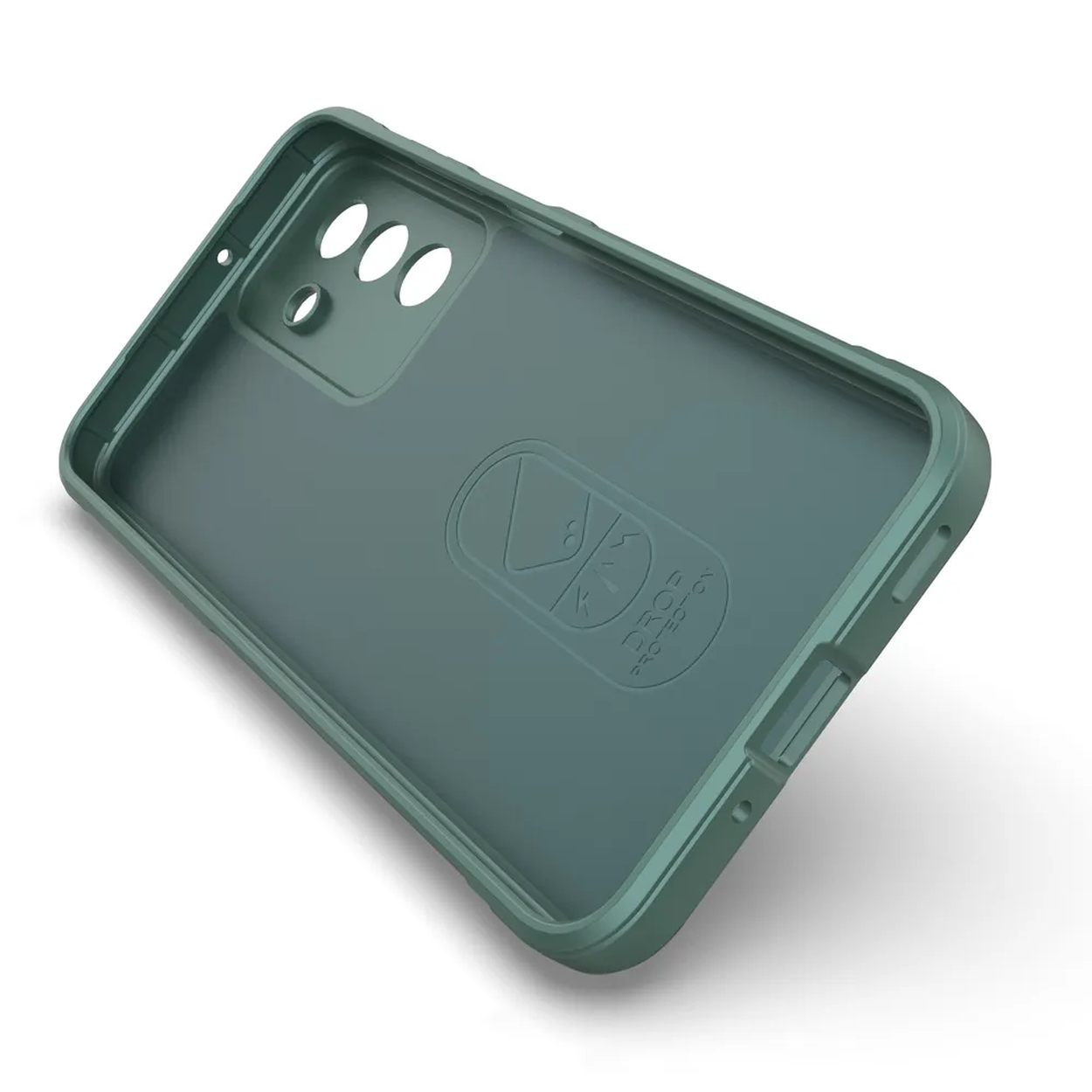 Een teal telefoonhoesje. De binnenkant is lichter teal en heeft uitsparingen voor de camera en knoppen. De hoes ligt op een witte achtergrond.