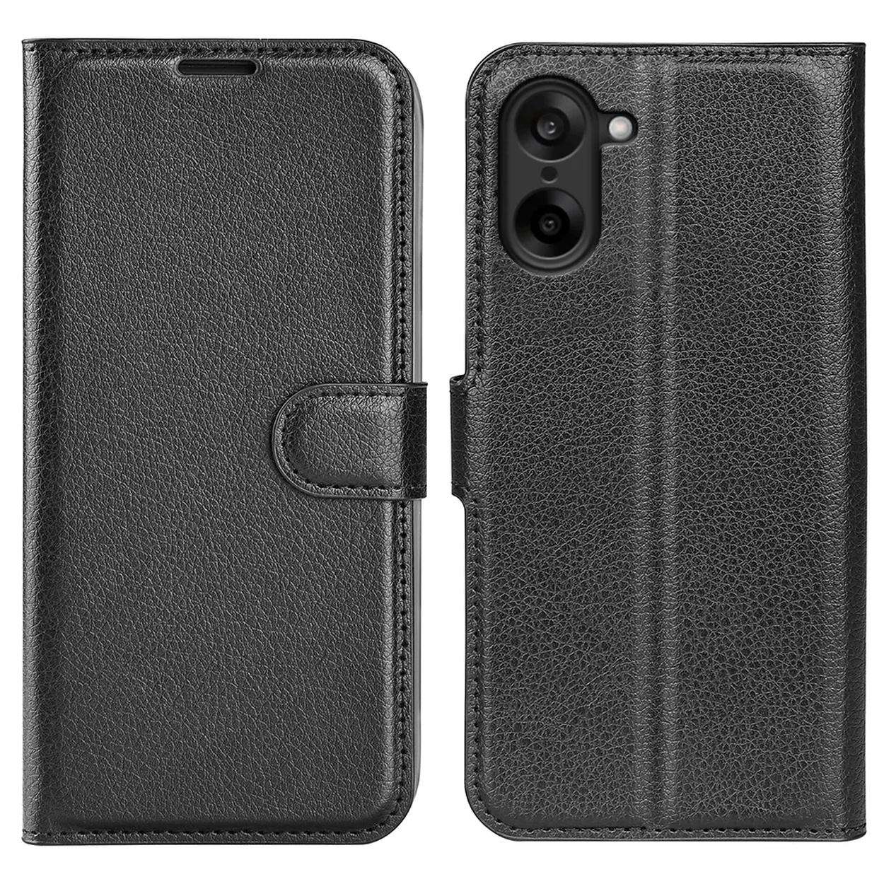 Zwarte leren telefoonhoes, open. De linkerkant heeft een klep met sluiting. De rechterkant toont de telefoon met dubbele camera's.