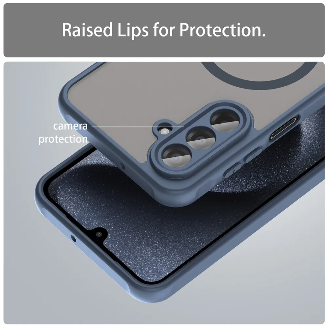 Une coque de téléphone, cadre bleu, dos transparent, avec protection caméra et bords surélevés. L'écran est bleu foncé/noir.